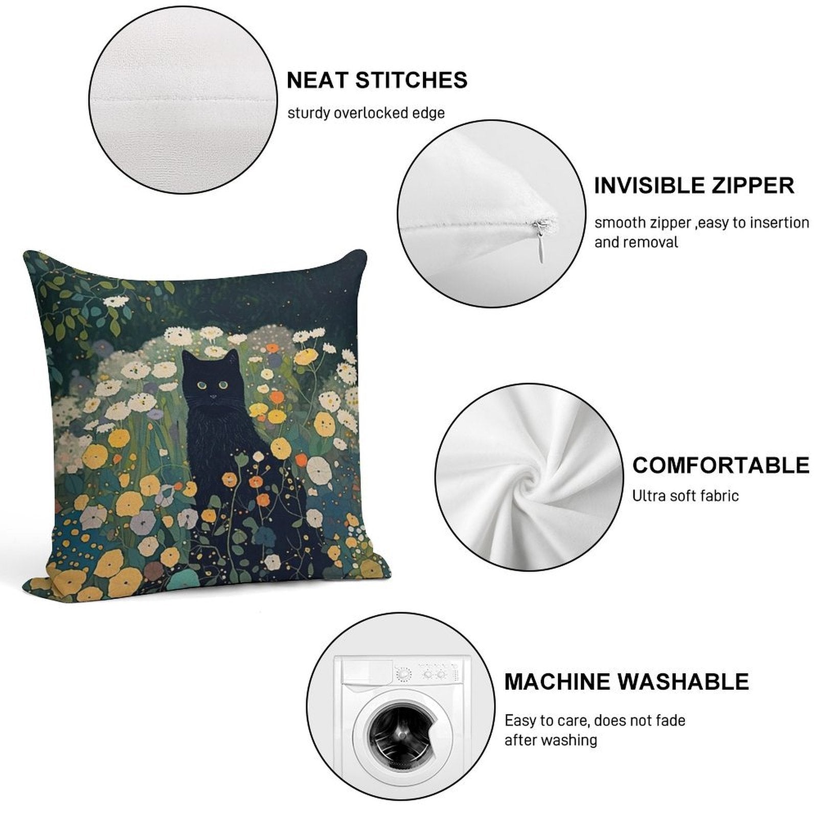 Cat in Klimt Garden Inspiration Soft Gift Ready Throw Pillow