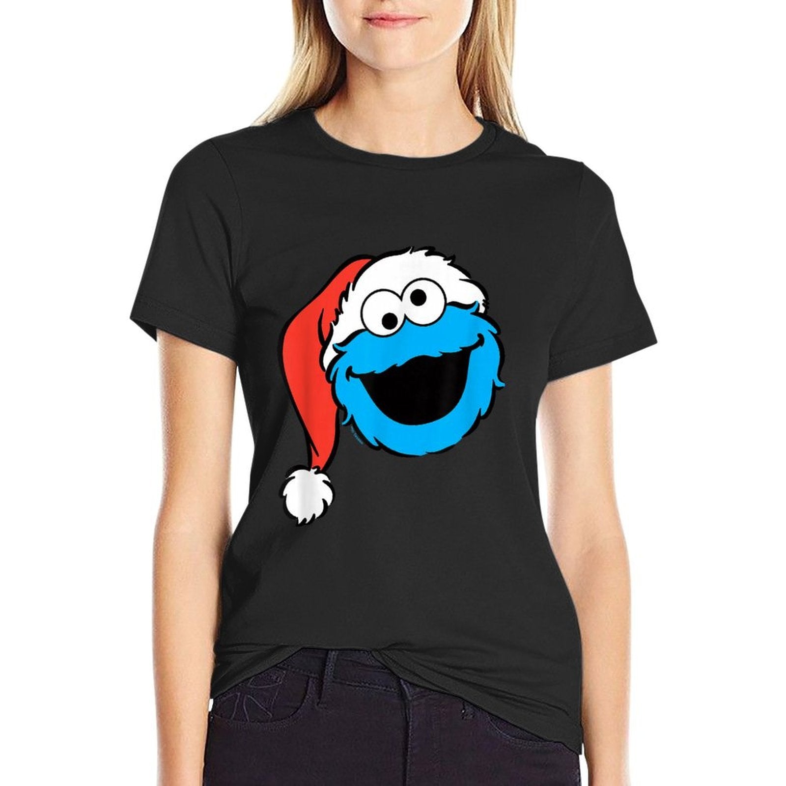 Sesame Street Christmas Santa Hat Cookie Monster Face  High-quality Stitching T-Shirt