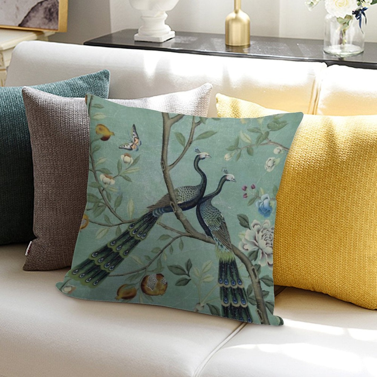 A Teal of Two Birds Chinoiserie Soft Multiple Sizes Throw Pillow