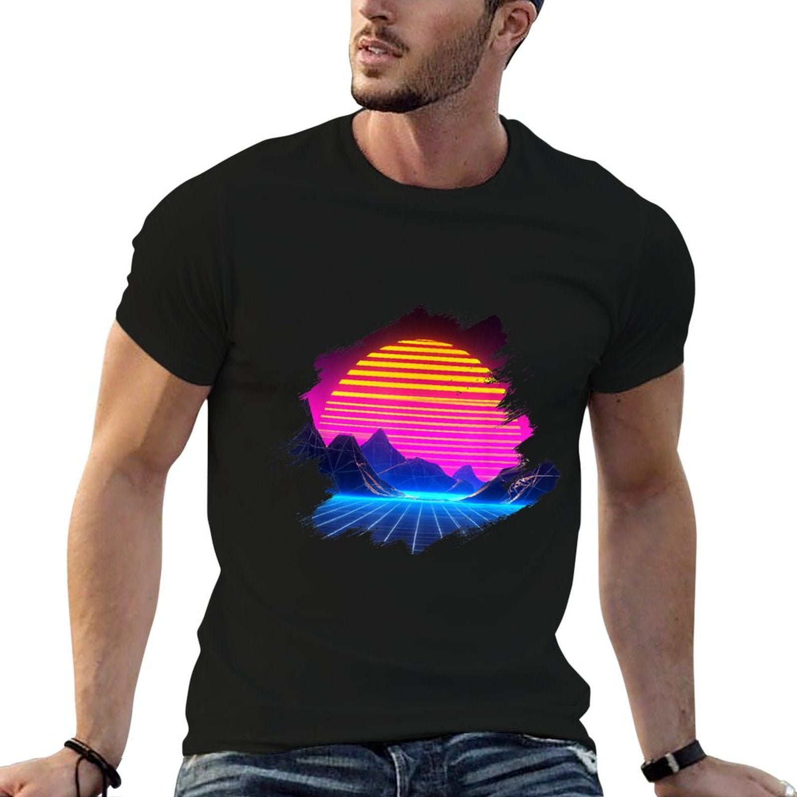 Sunset Over Canyon And Grid Mountains Landscape Synthwave  High-quality Stitching T-Shirt