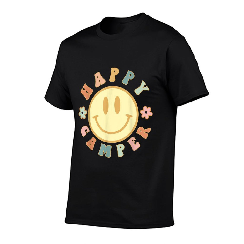 Smiling Face Groovy Retro Floral Happy Camper Camping Lover  Rolled Sleeves T-Shirt