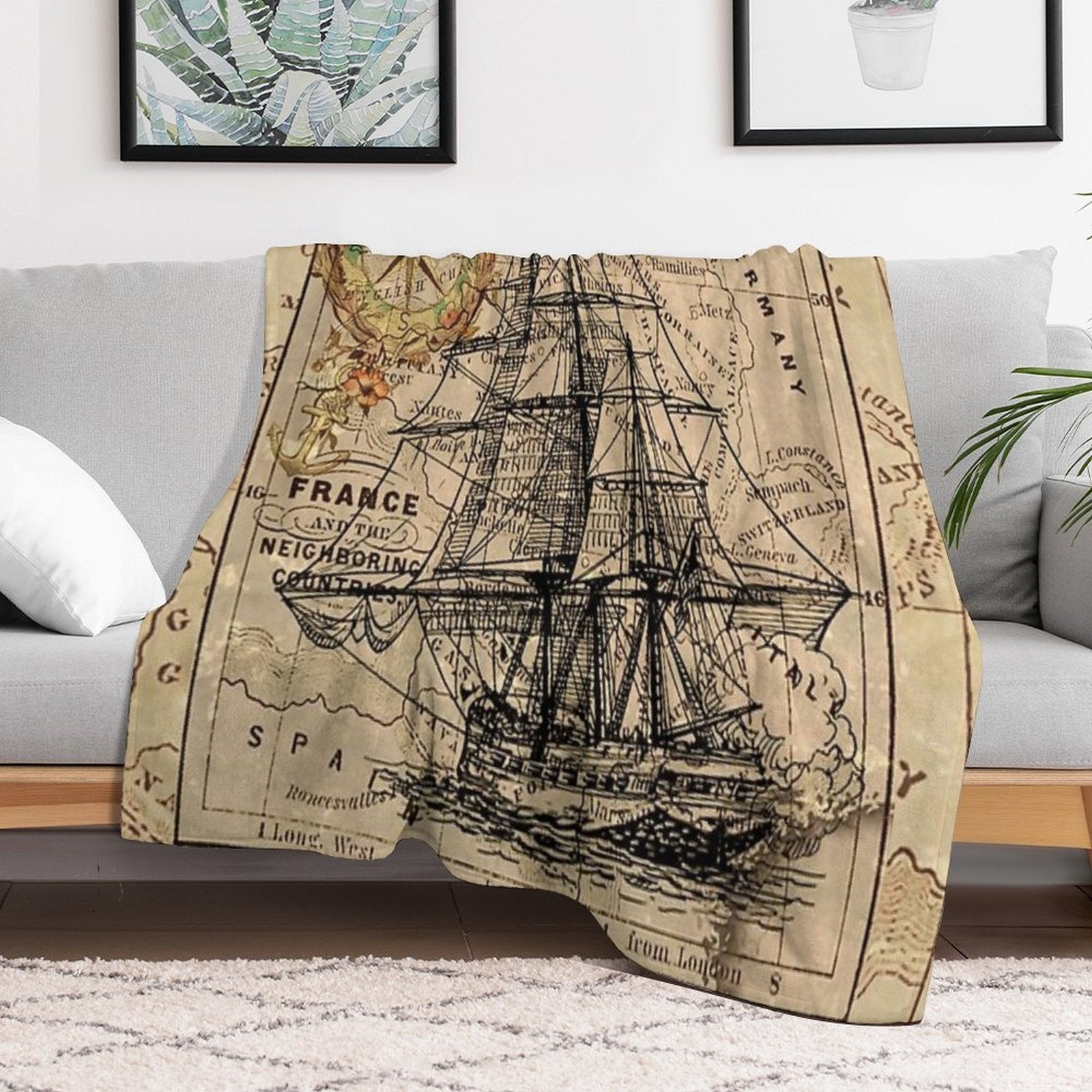 Dark Academia Vintage Pirate Ship Sailor Antique World Map Compact Throw Blanket