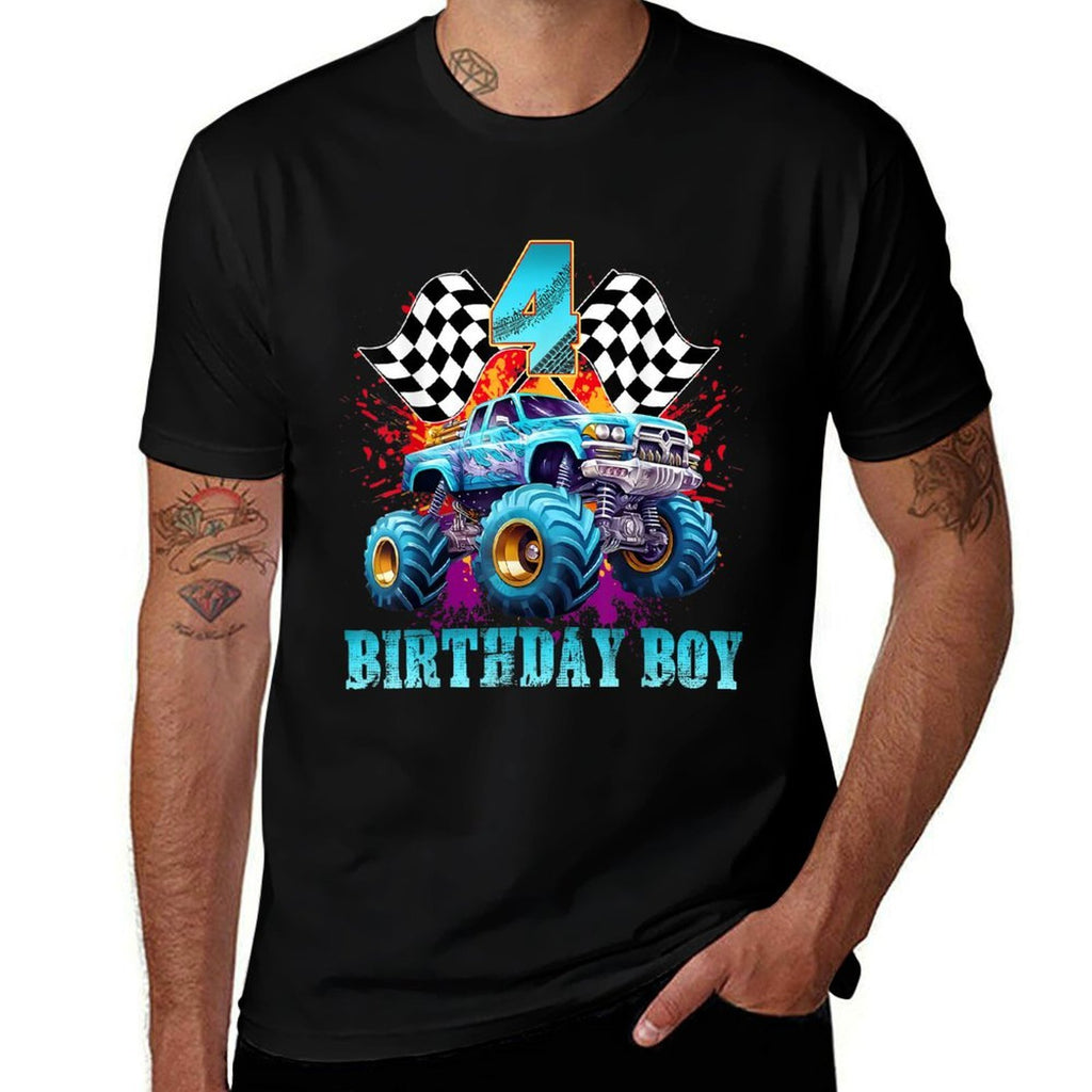 4 Year Old 4th Birthday Boys Monster Truck Car  Fade-proof Color T-Shirt