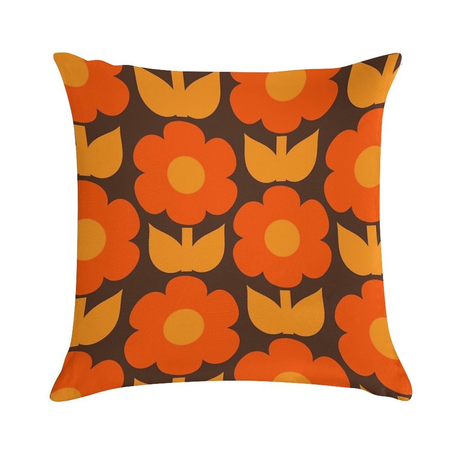 Jonnty Flowers Retro Floral Pattern in 70s Brown And Orange Soft Home Decor Throw Pillow