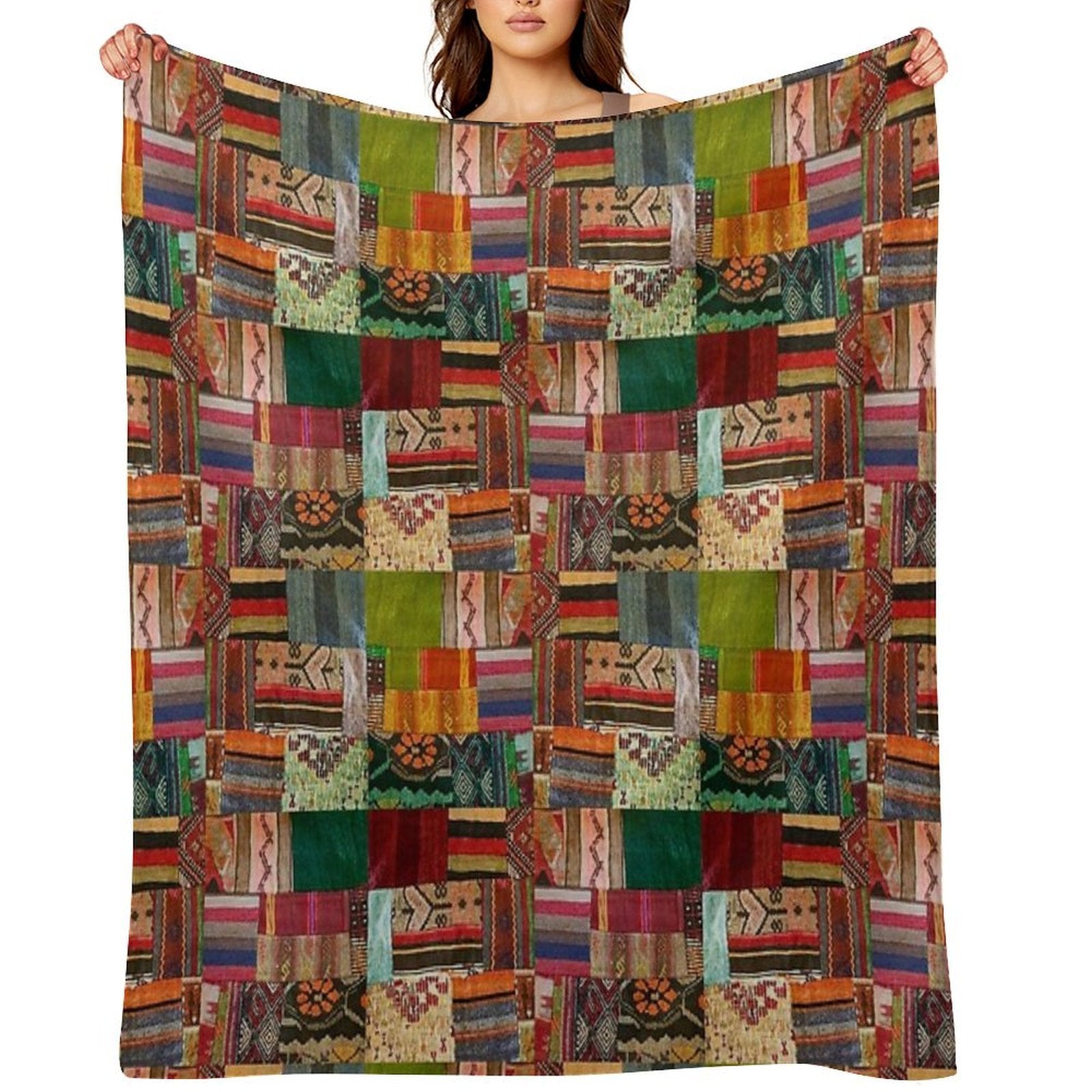 Tradional Kilim Patchwork Multi Colored Design Anti-pilling Throw Blanket