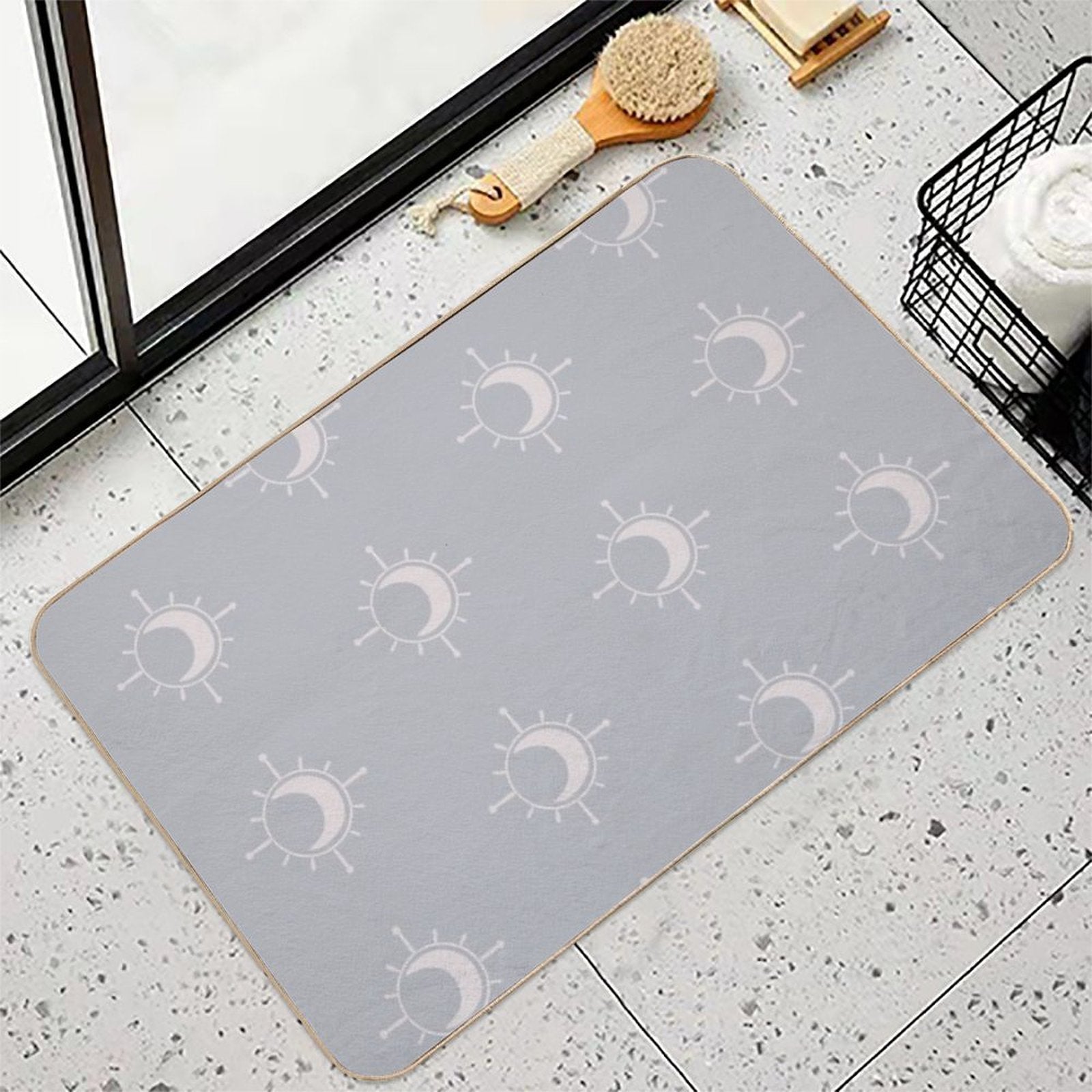 Cosmic Sun And Moon Design Soft Aesthetic In Muted Colors Stone Blue  Anti-Trip Bath Mat