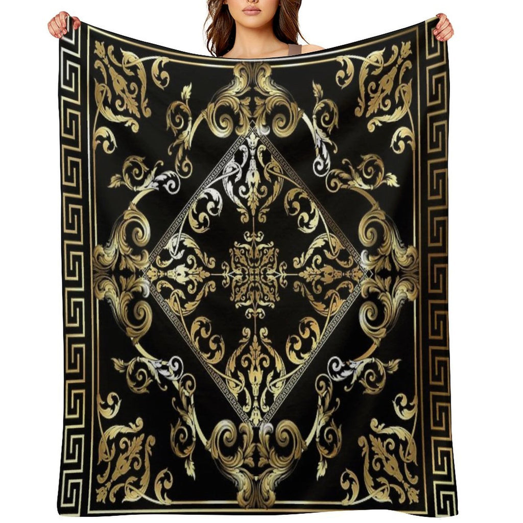 Ornate Baroque Filigree Gold Black Waves Greek Meander All-season Throw Blanket