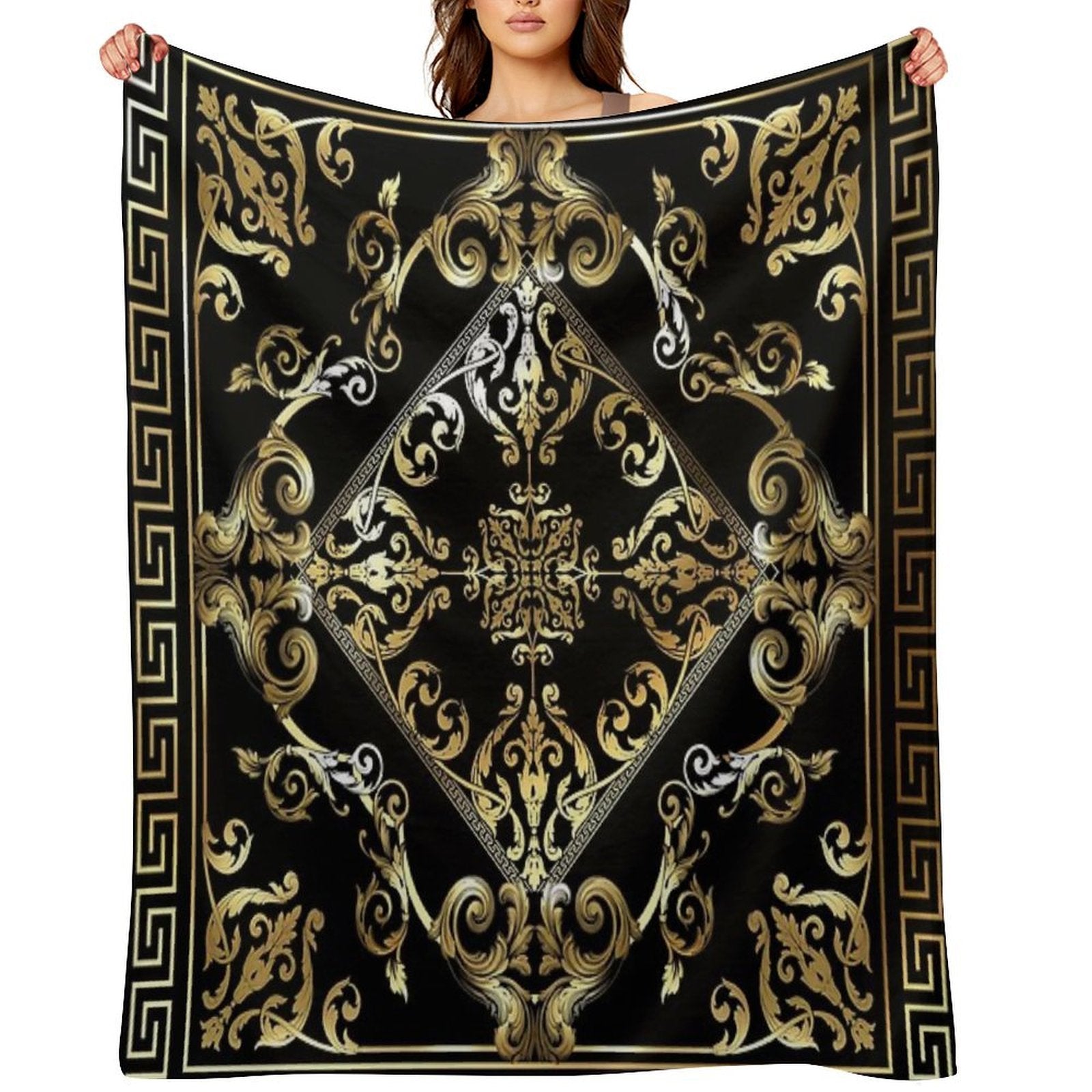 Ornate Baroque Filigree Gold Black Waves Greek Meander All-season Throw Blanket