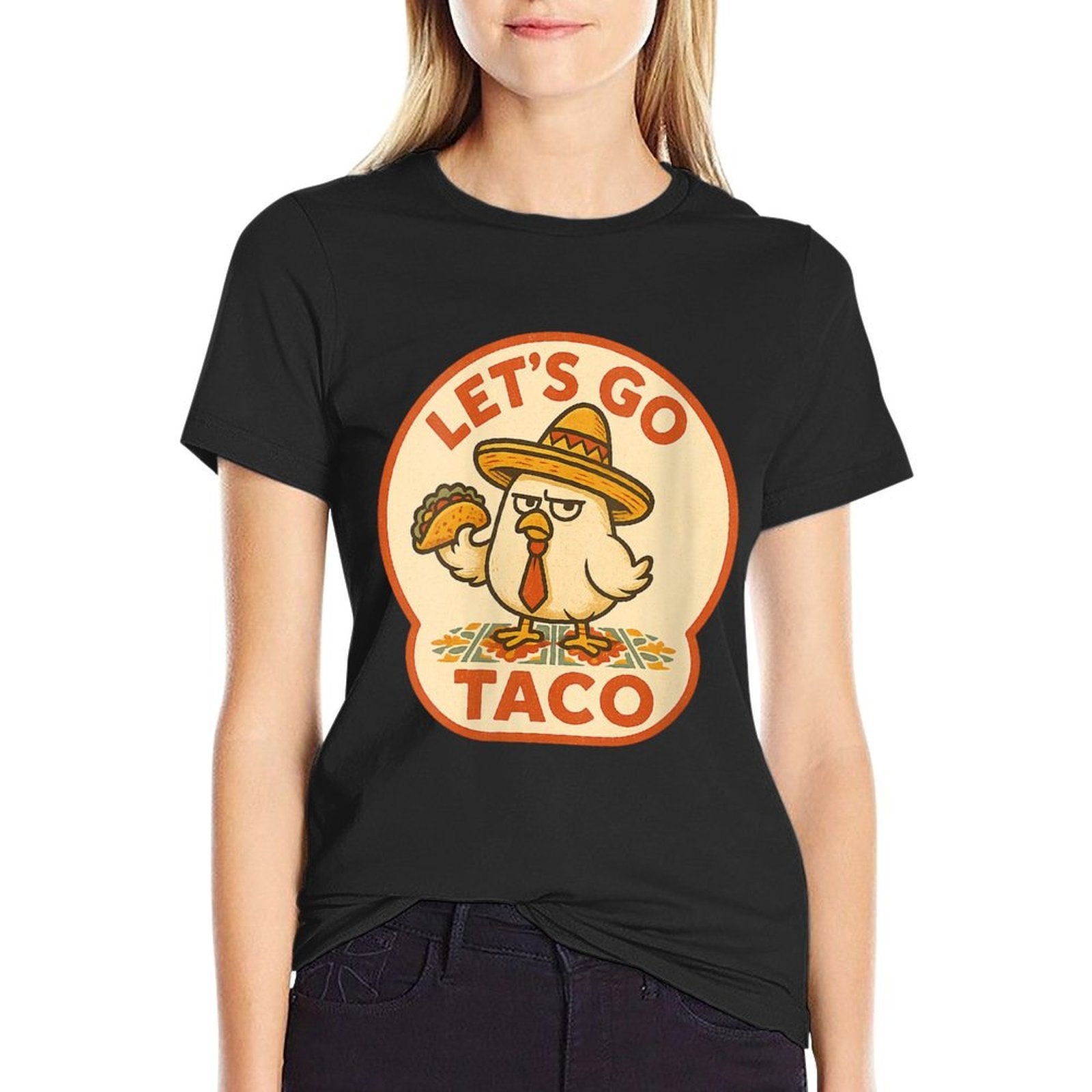Womens Let’s Go Taco Chicken Humor Sombrero Tie 2025 Funwear Style  Heathered Texture T-Shirt