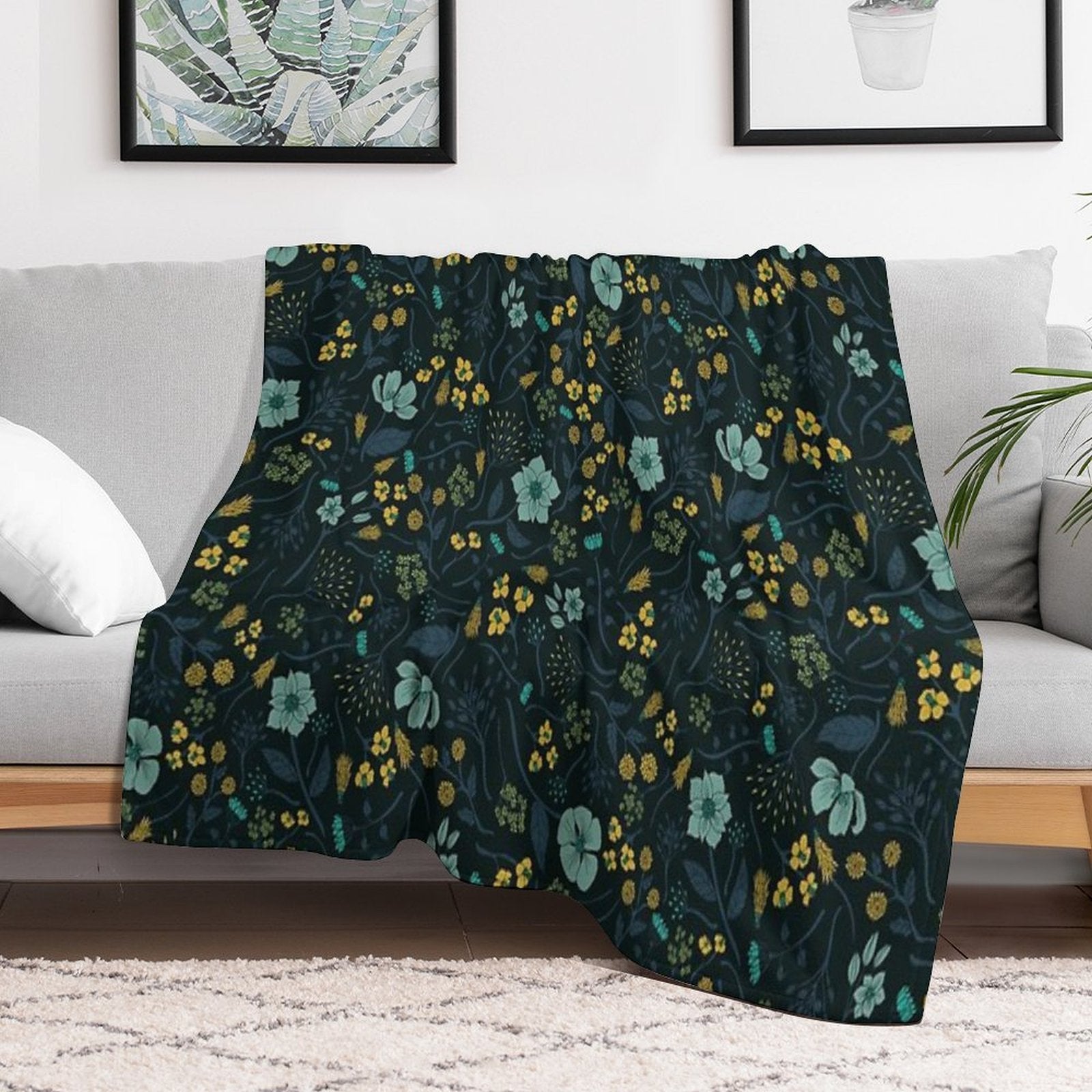Turquoise, Yellow, Green & Dark Blue Floral Pattern Versatility Throw Blanket
