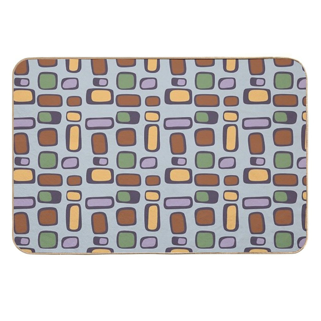 Colorful Retro Mid Century Aesthetic Squares Geometric Pattern Gray Blue & Brown  High-Traffic Bath Mat