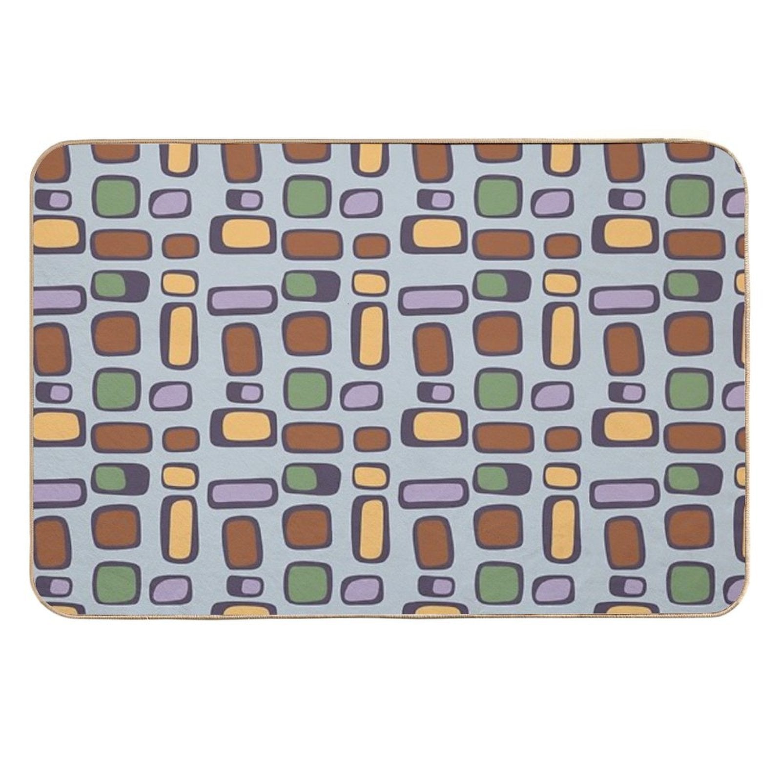 Colorful Retro Mid Century Aesthetic Squares Geometric Pattern Gray Blue & Brown  High-Traffic Bath Mat