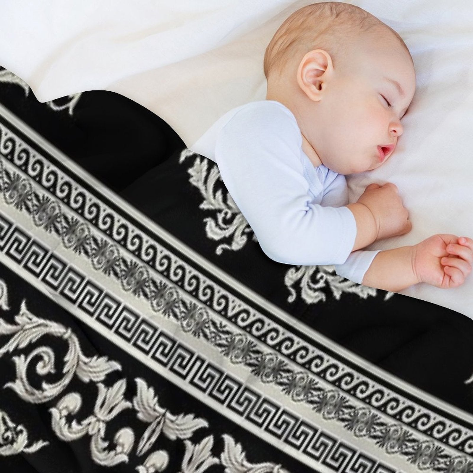 Ornate Greek Key Meander Black Cream  Medallion Comfort Throw Blanket