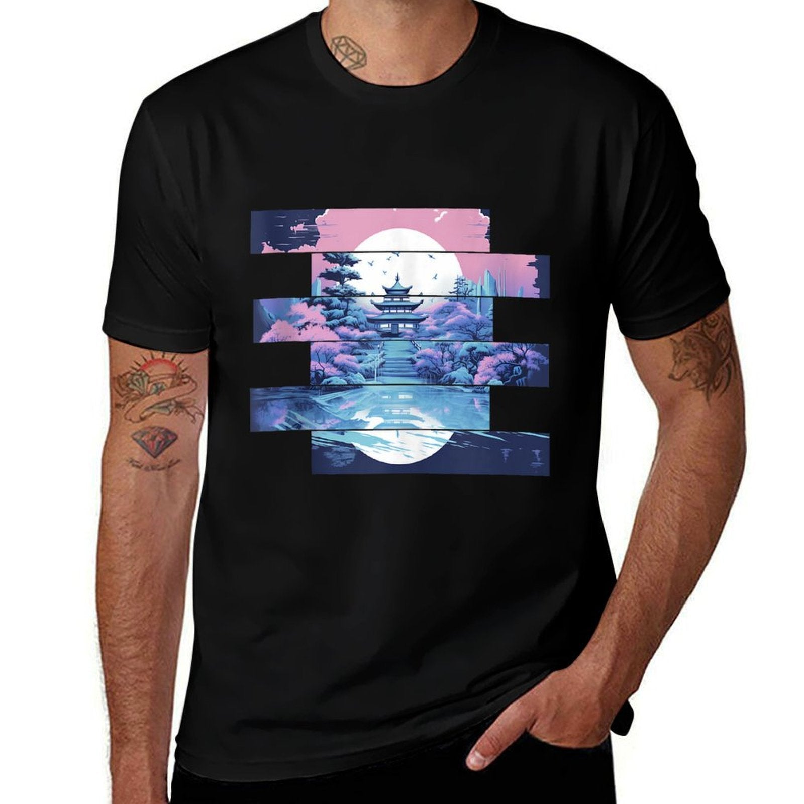 Serenity in Stripes Tranquil Temple at Twilight  Tagless Design T-Shirt