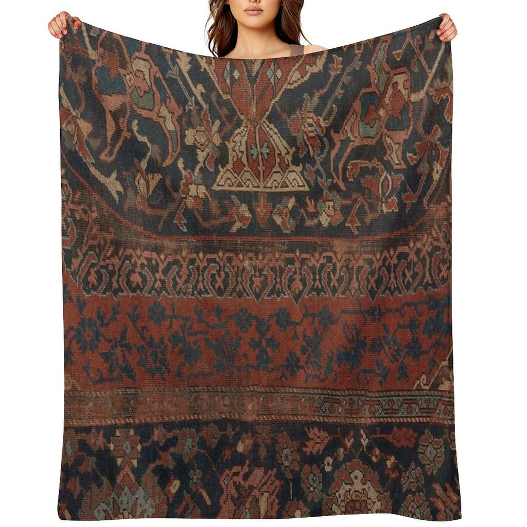 Boho Chic Dark III  17th Century Colorful Medallion Red Blue Green Brown Ornate Accent Rug Pattern Gift-ready Throw Blanket