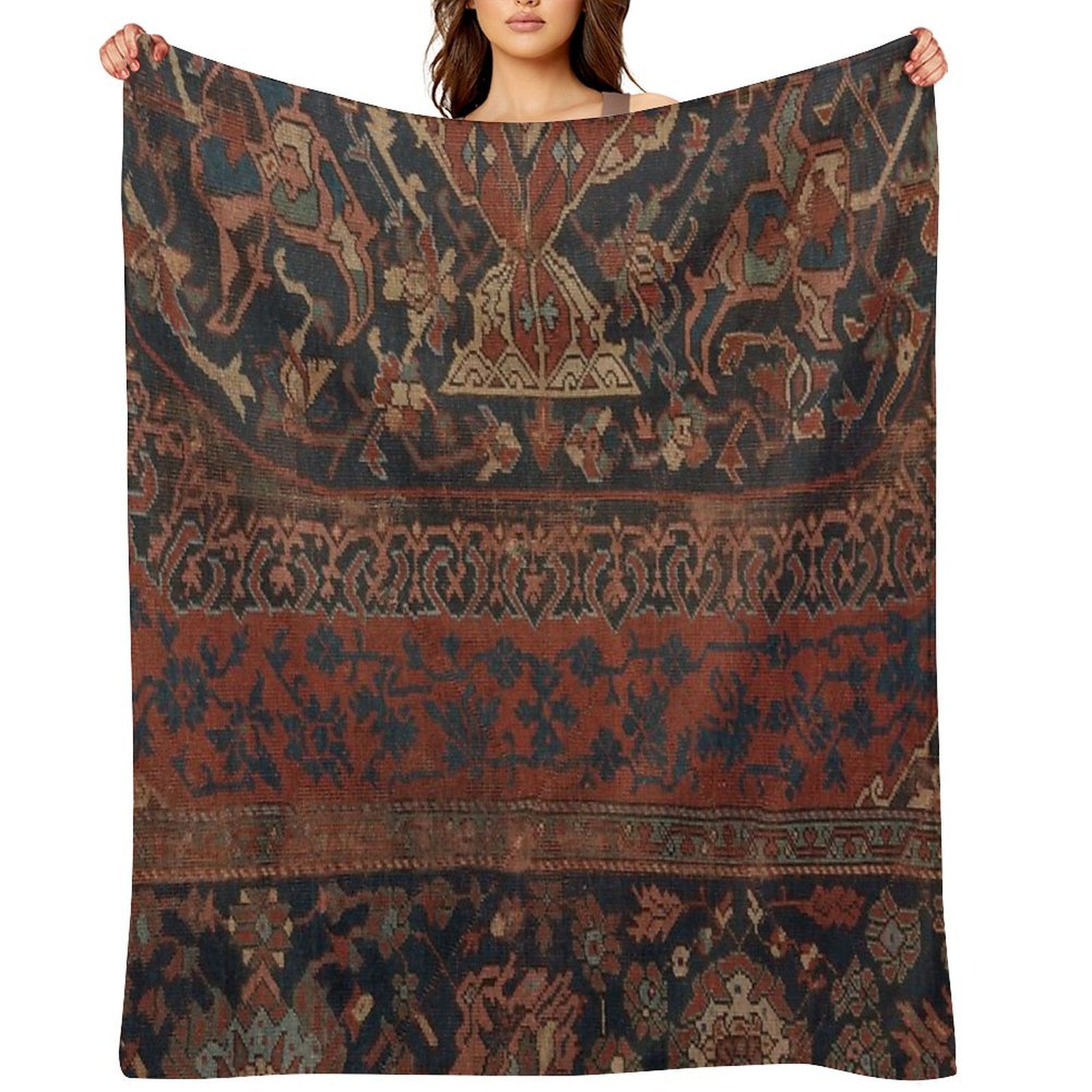 Boho Chic Dark III  17th Century Colorful Medallion Red Blue Green Brown Ornate Accent Rug Pattern Gift-ready Throw Blanket