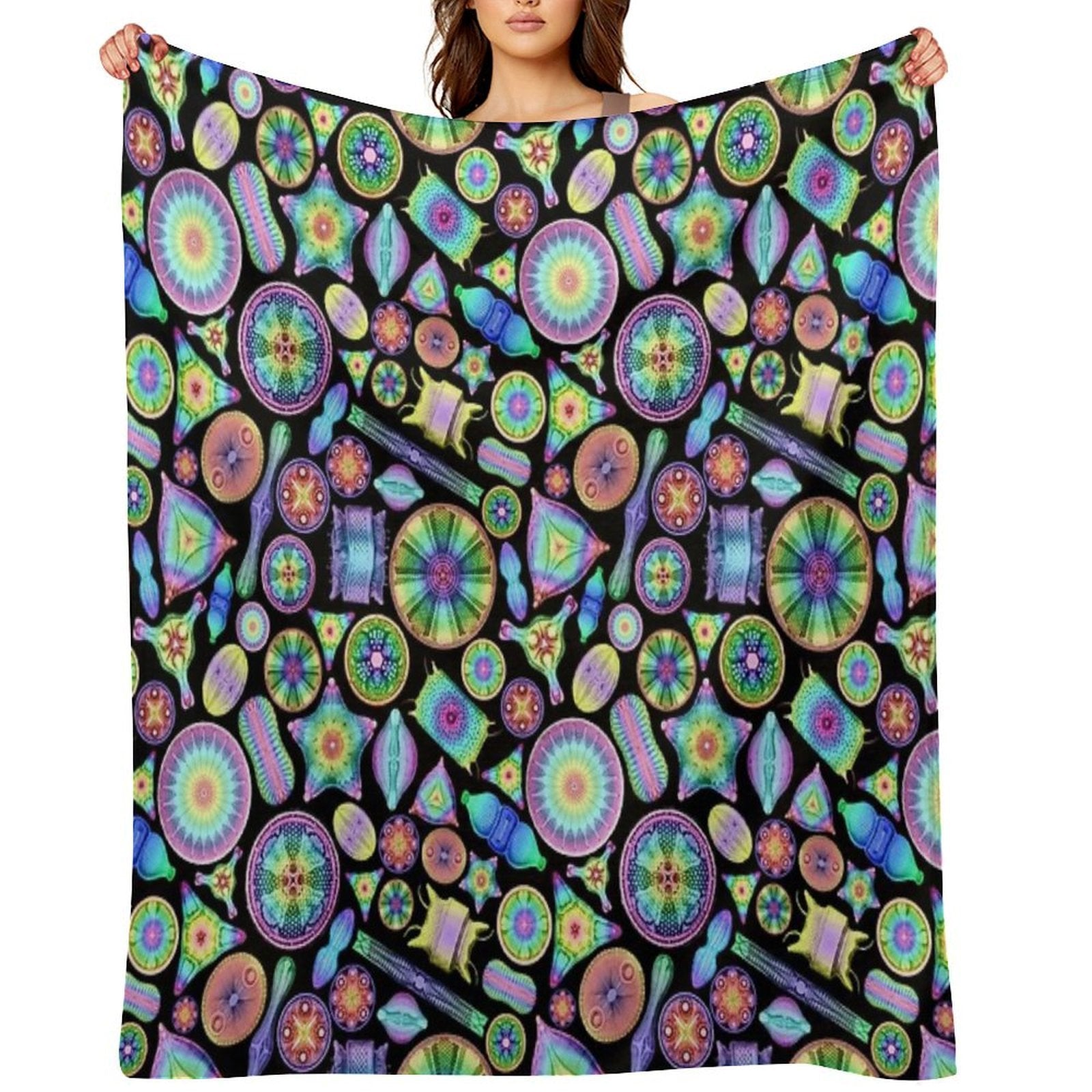 Ernst Haeckel Rainbow Diatoms on Black Anti-pilling Throw Blanket