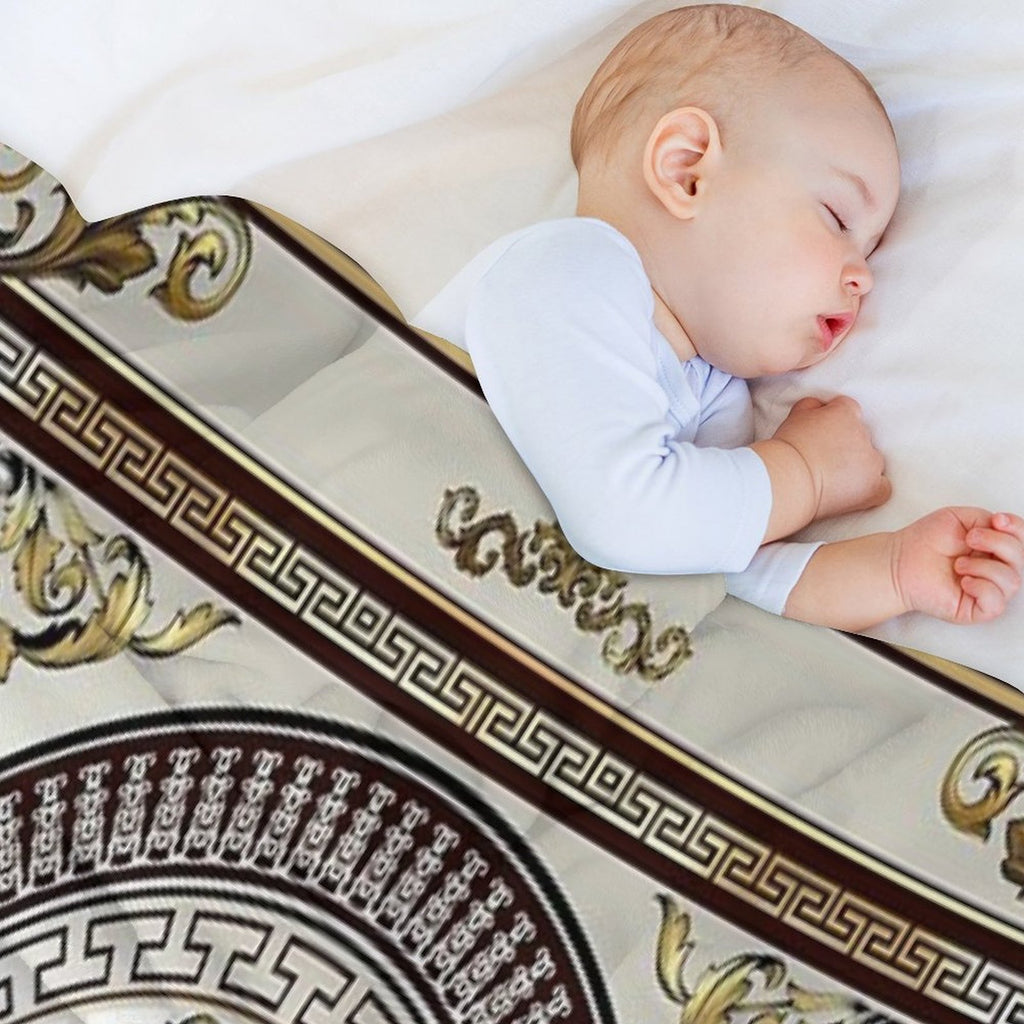 Baroque Ornate Cream Gold Brown Greek Key Premium Throw Blanket