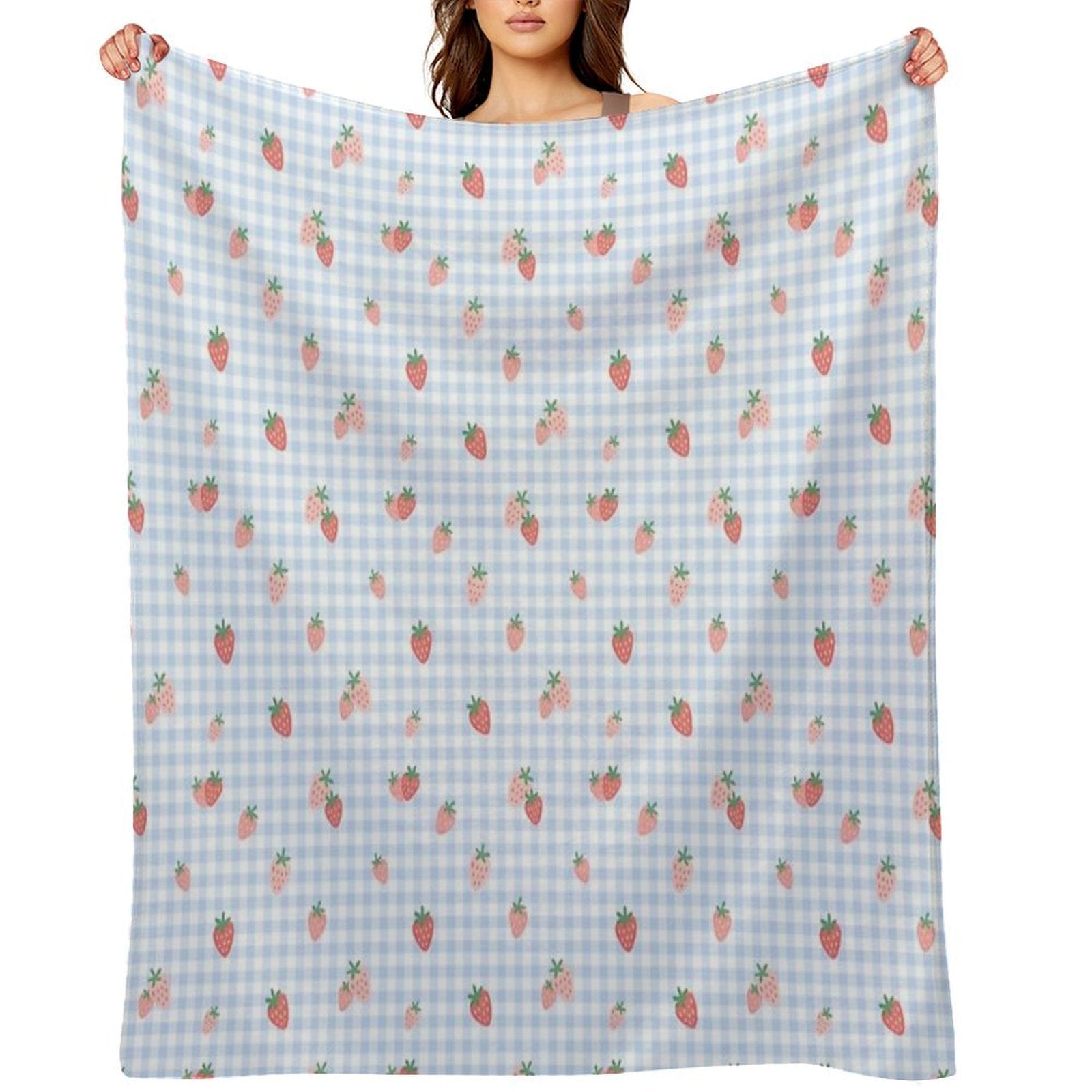 Strawberry Gingham Blue Cottagecore Pattern Plush Throw Blanket