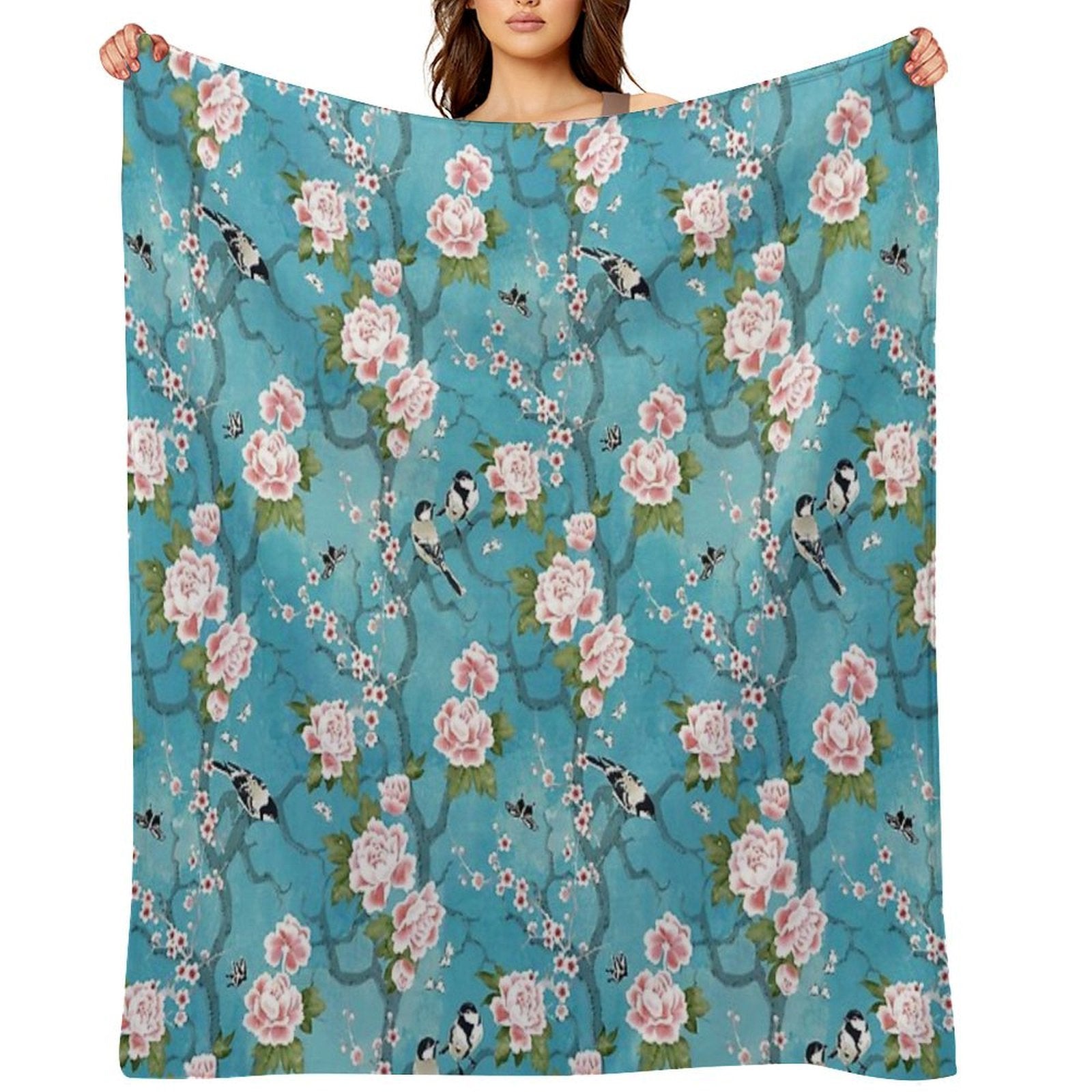 Chinoiserie Birds in Turquoise Blue Eco-conscious Throw Blanket