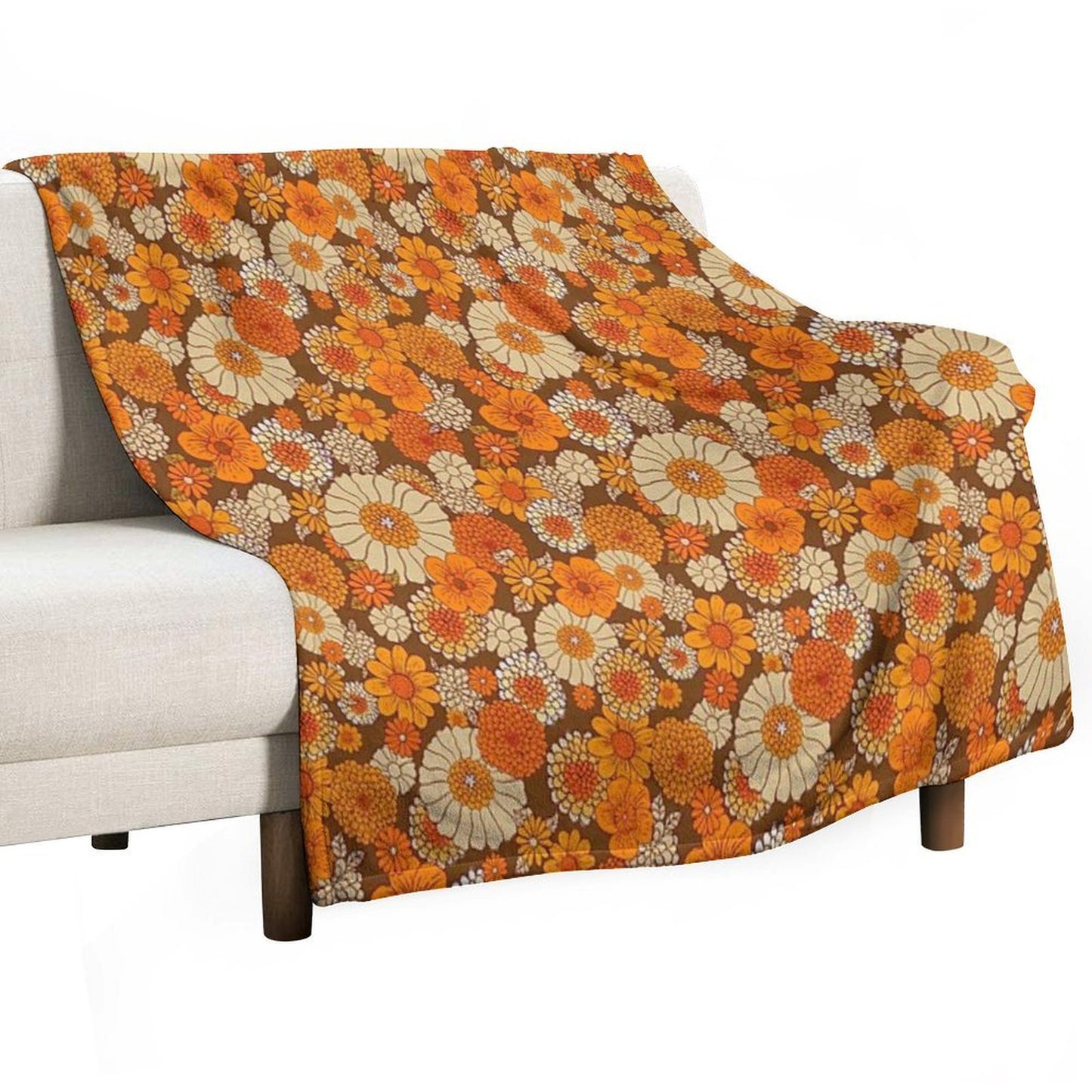 70s Retro Daisies, Vintage Flower Power, Orange And Brown, Boho, Premium Throw Blanket