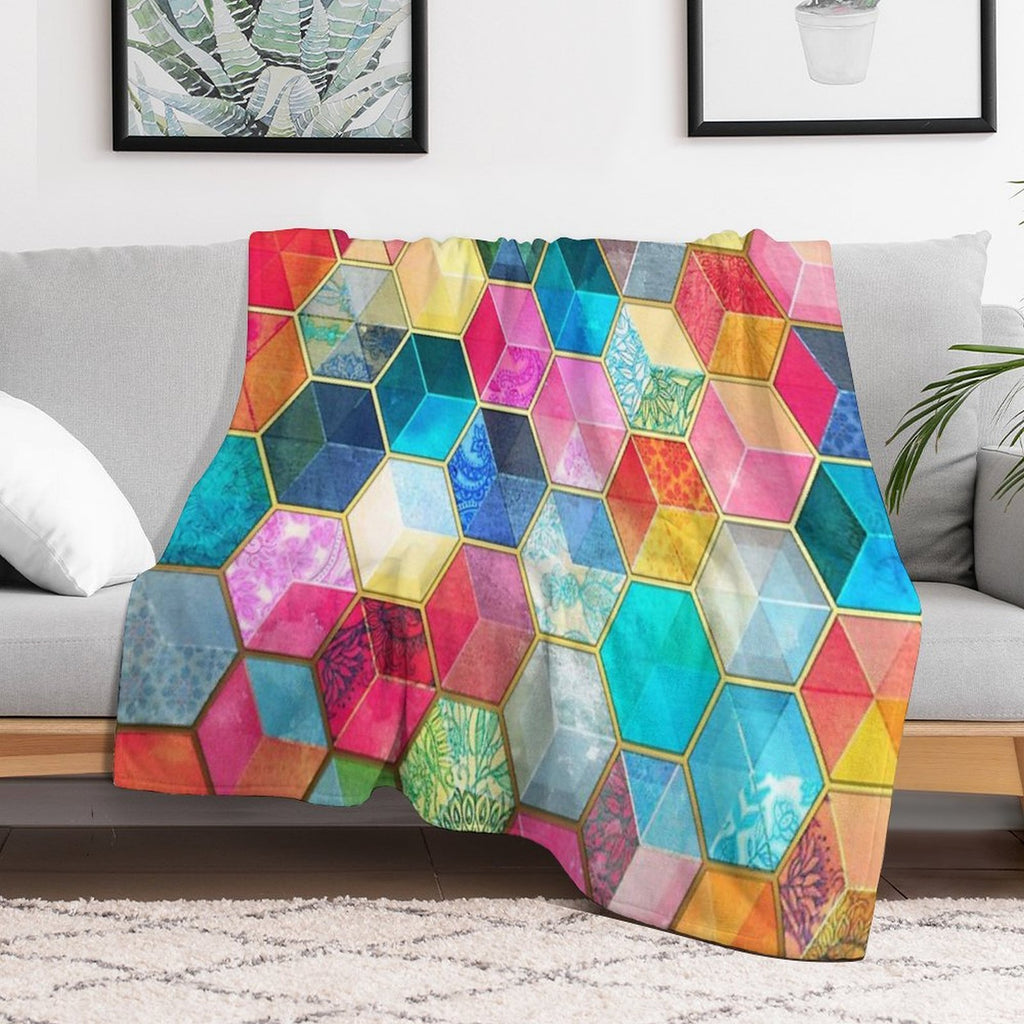 Crystal Bohemian Honeycomb Cubes - Colorful Hexagon Pattern Gift-ready Throw Blanket