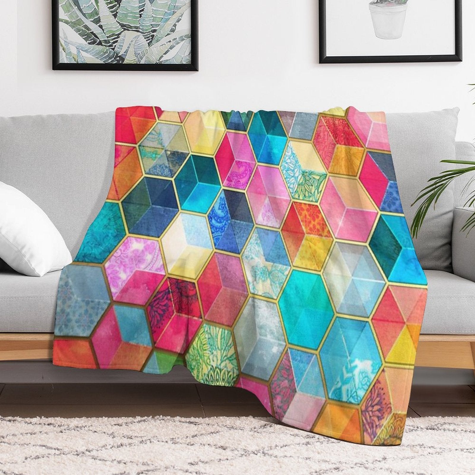 Crystal Bohemian Honeycomb Cubes - Colorful Hexagon Pattern Gift-ready Throw Blanket