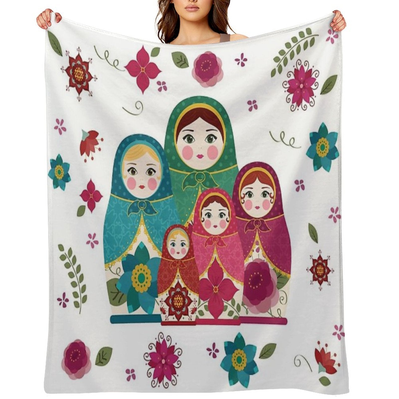 Russian Dolls White Sustainable Throw Blanket