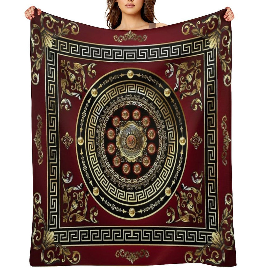 Greek Key Meander Red Gold Black Medallion Baroque Lightweight Throw Blanket