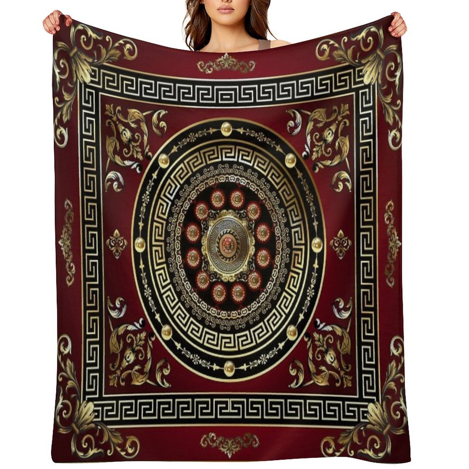 Greek Key Meander Red Gold Black Medallion Baroque Lightweight Throw Blanket