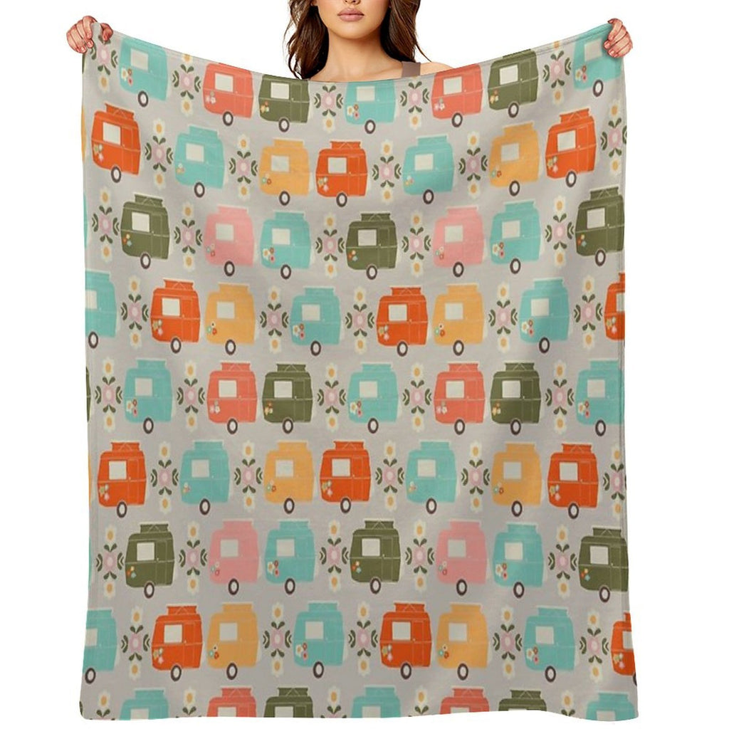 Colourful Vintage Caravans And Daisies Shrink-resistant Throw Blanket