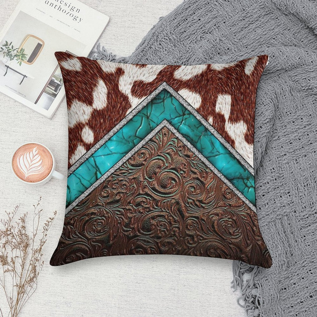 Western Cowgirl Pattern Cowhide Turquoise And Tooled Leather Soft Skin-Friendly Throw Pillow