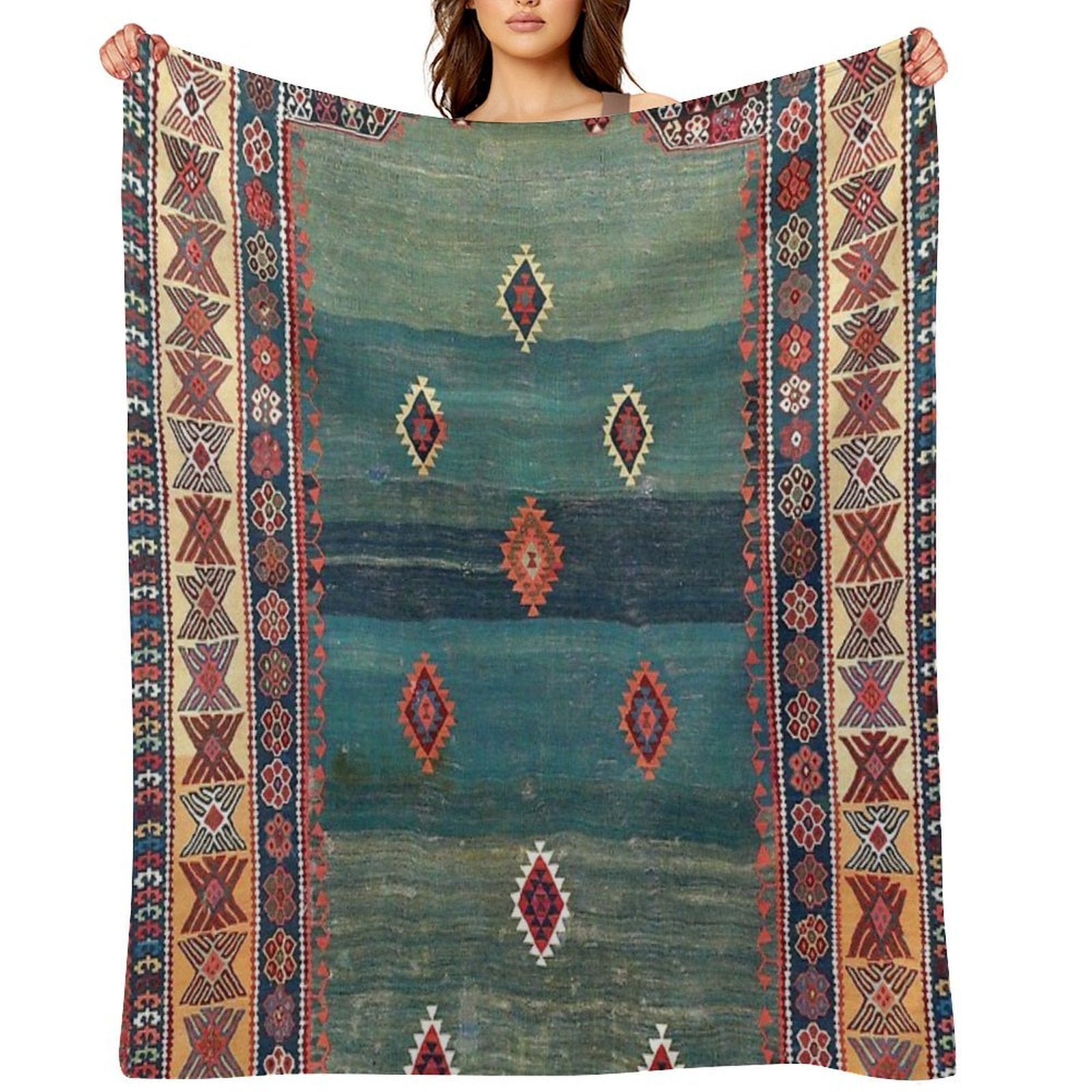 Sivas Antique Turkish Niche Kilim Print Multi-functional Throw Blanket