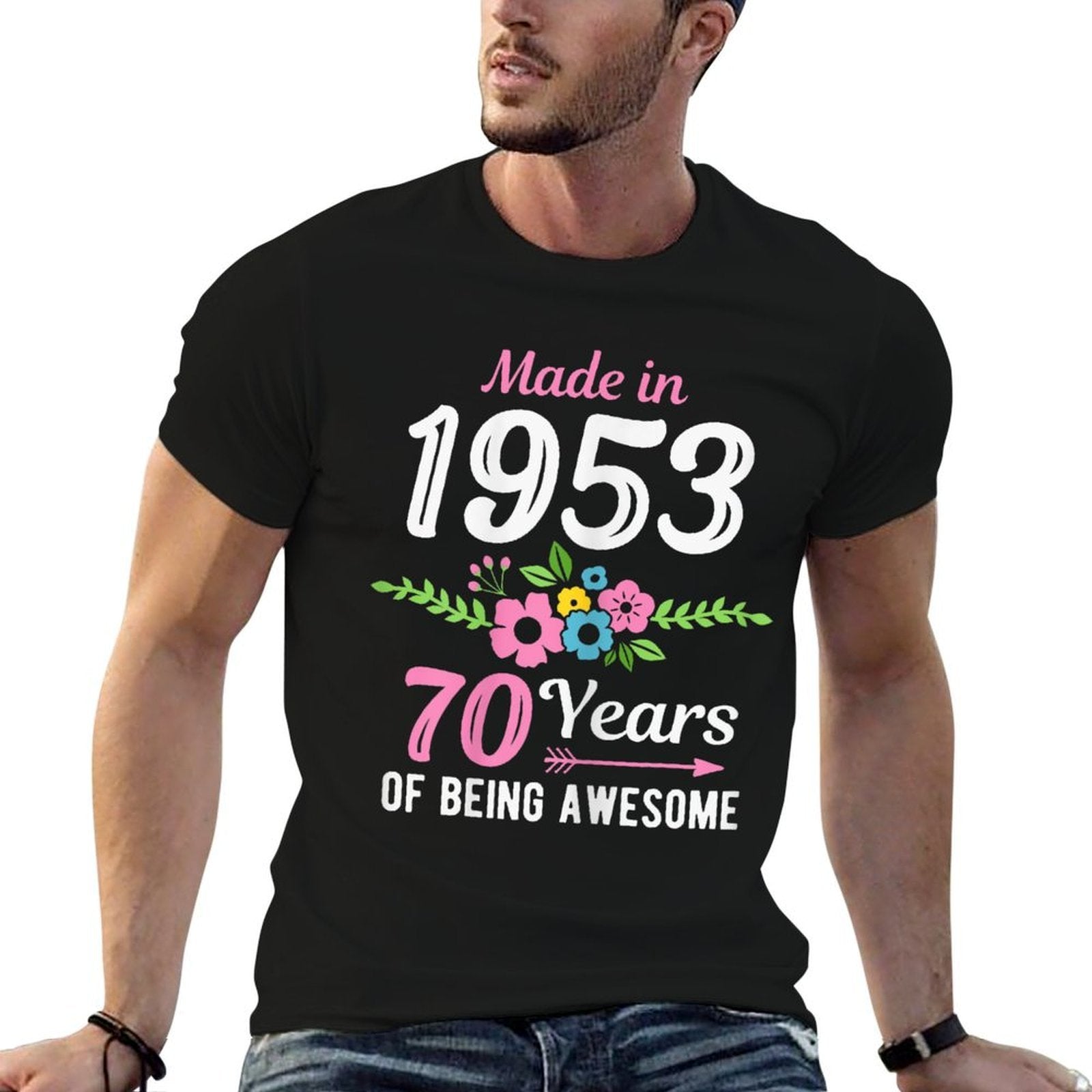 Womens Made In 1953 Floral 70th Birthday  Ribbed Collar T-Shirt