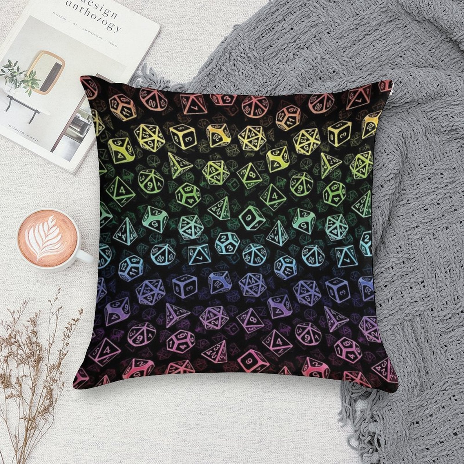D20 Dice Set Pattern (Rainbow) Soft Anti-Pilling Throw Pillow