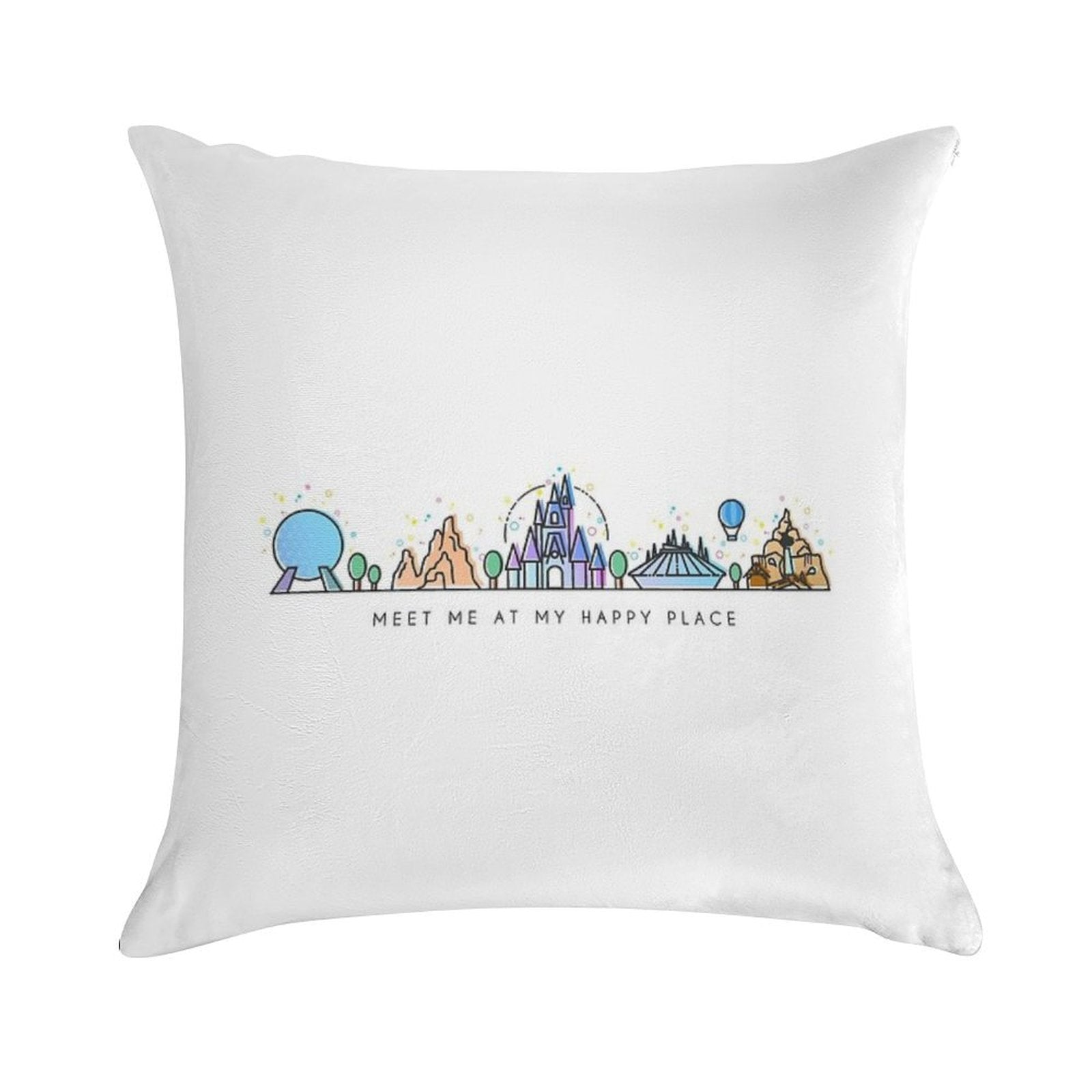 Meet Me at My Happy Place Vector Orlando Theme Park Illustration Design Soft Style Accent Throw Pillow