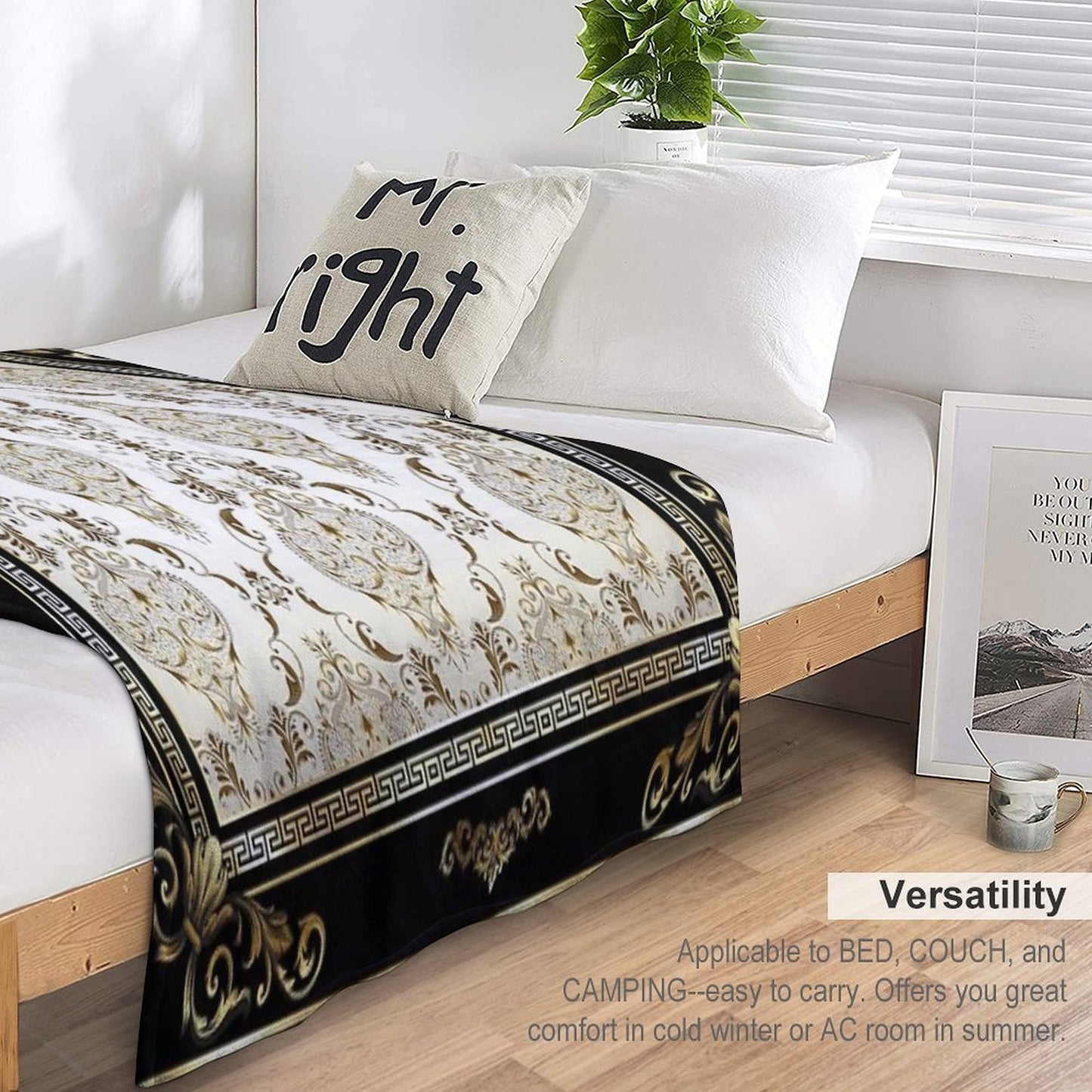 Ornate Baroque Cream Gold Black Greek Key Floral Sustainable Throw Blanket