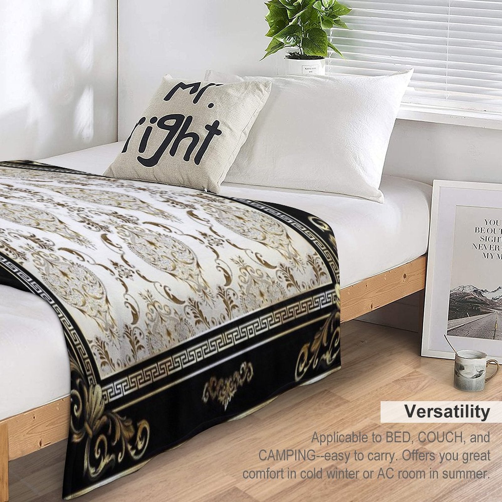 Ornate Baroque Cream Gold Black Greek Key Floral Sustainable Throw Blanket