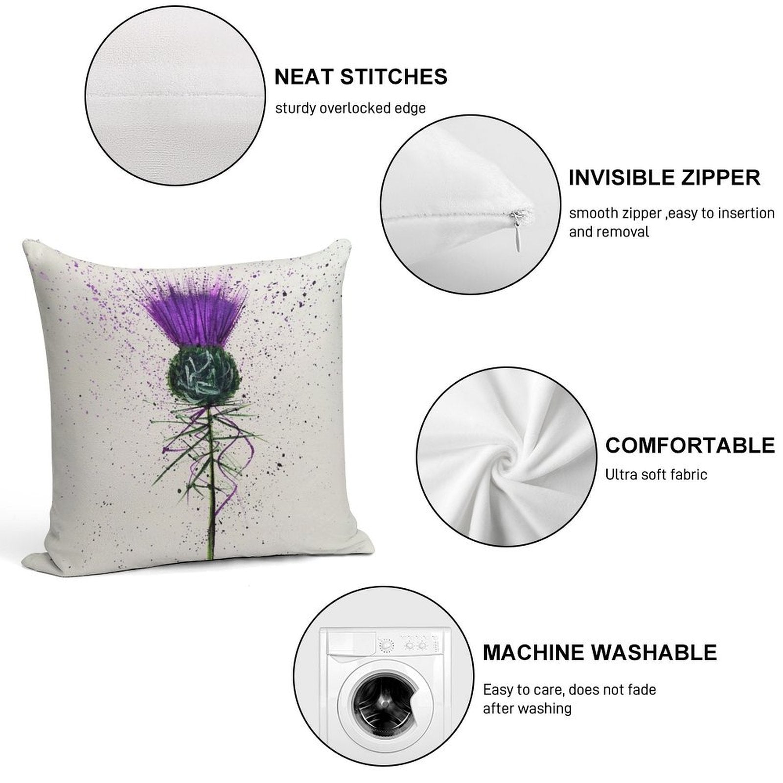 Purple Thistle Elegant Style Soft Reinforced Edging Throw Pillow