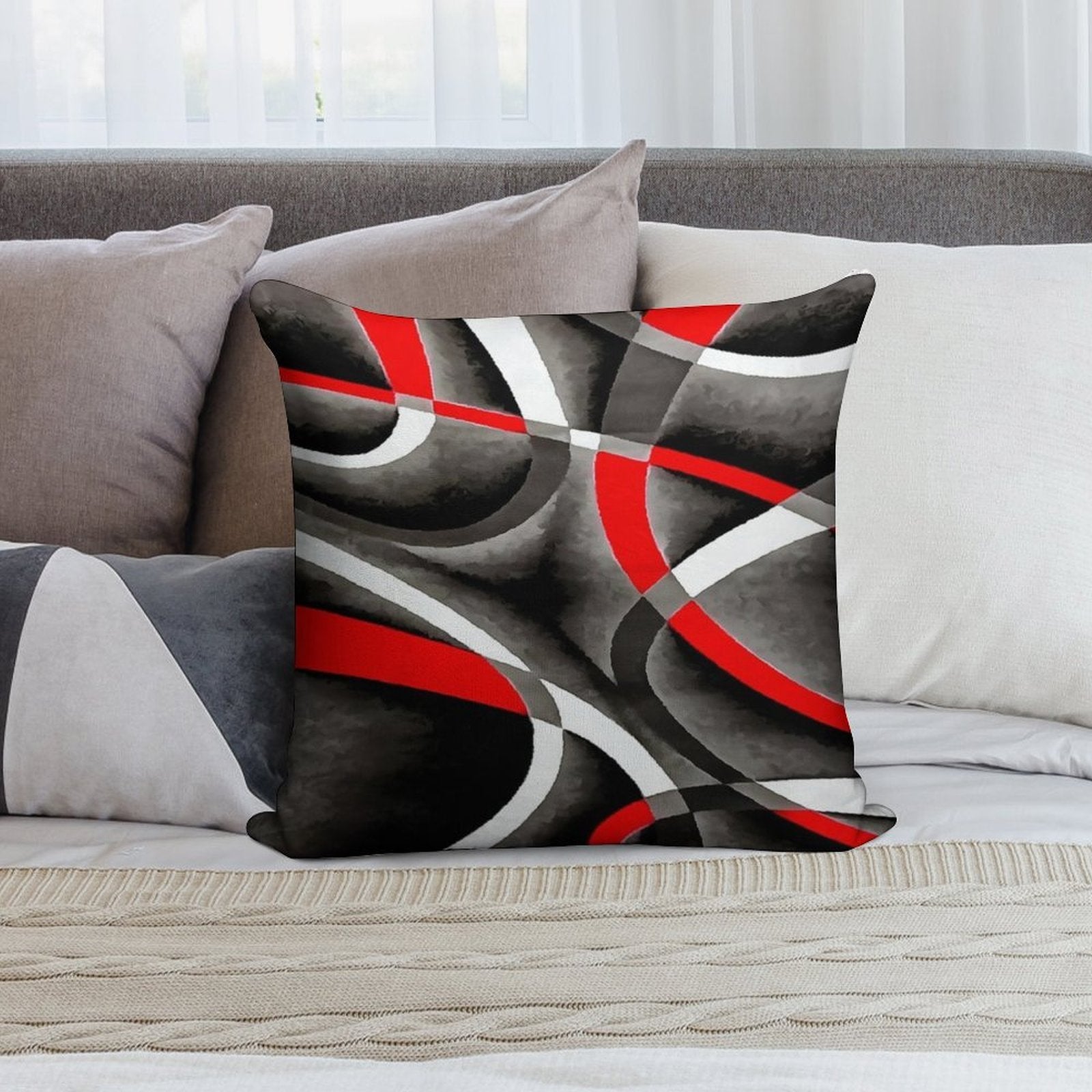 Eighties Red White Grey Line Curve Pattern On Black Soft Anti-Pilling Throw Pillow