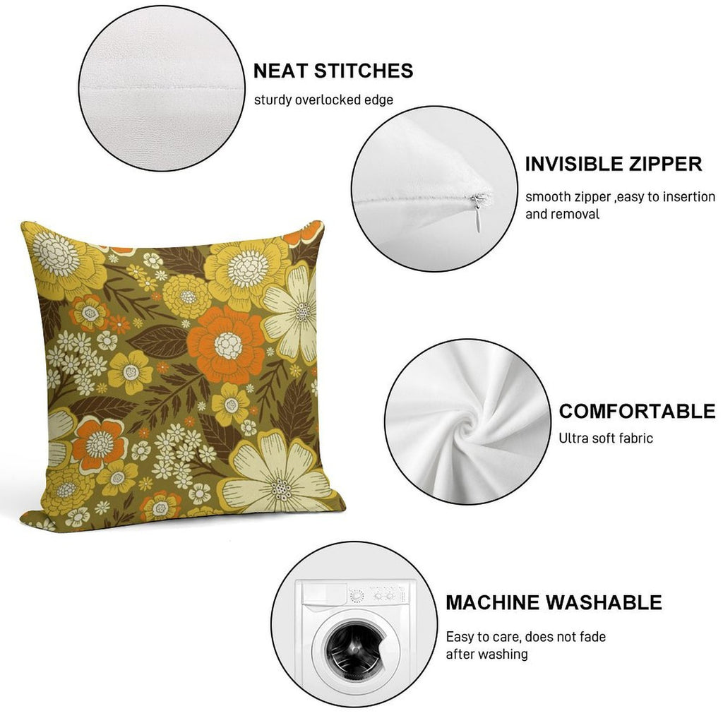 1970s RetroVintage Floral Pattern Soft Hidden Zipper Throw Pillow