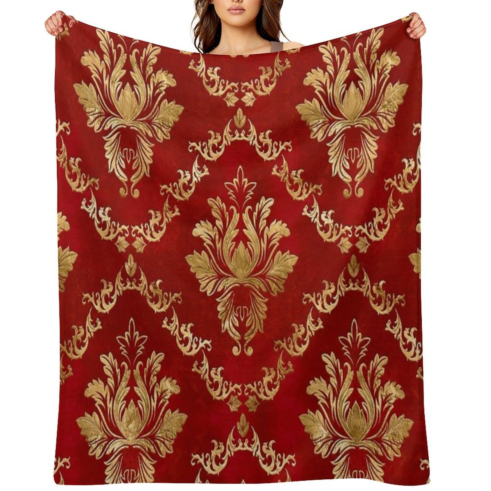 Oriental Vintage Damask Pattern - Red And Gold Shrink-resistant Throw Blanket