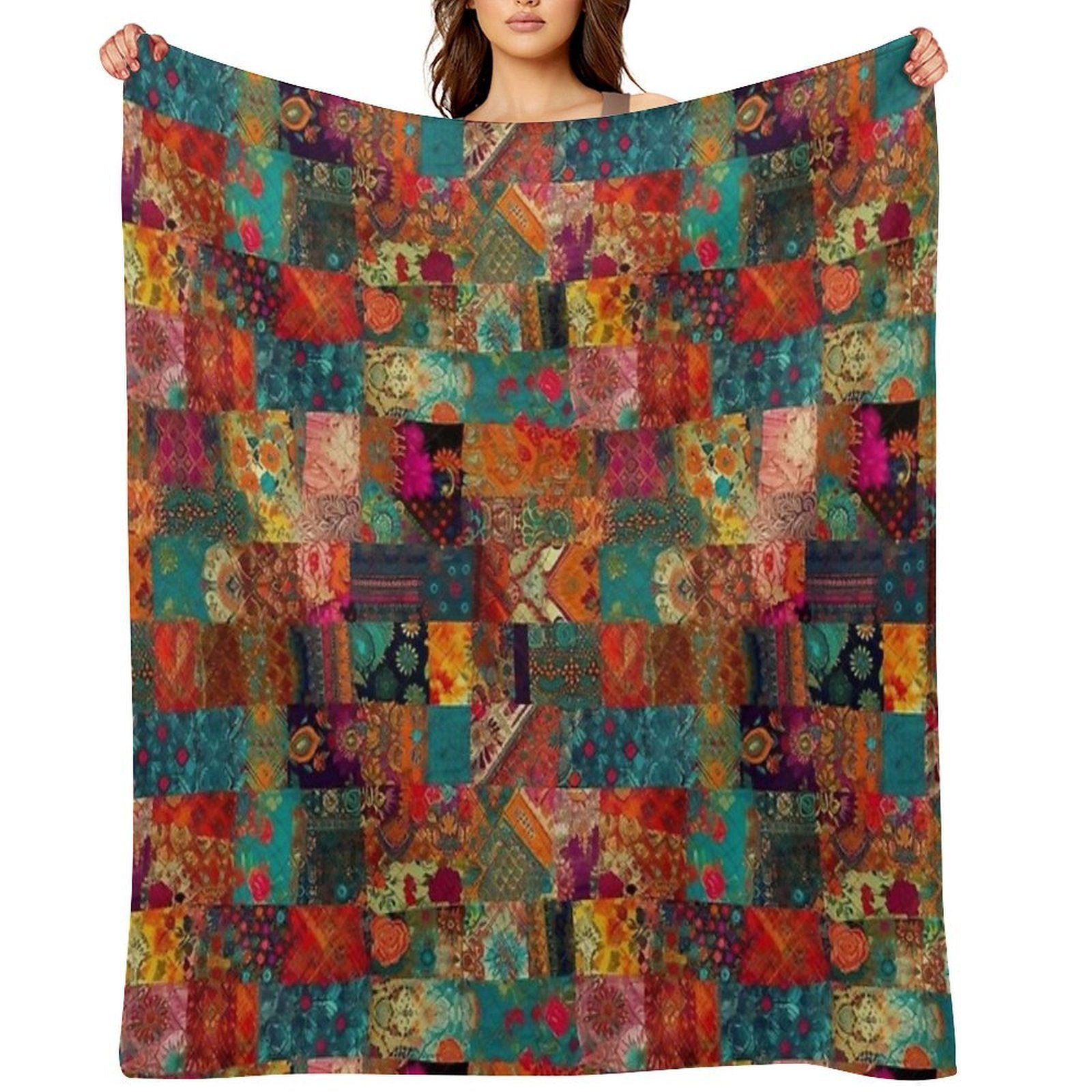 Bohemian Patchwork Wonderland Vibrant Bright Hippie Velvety-soft Throw Blanket