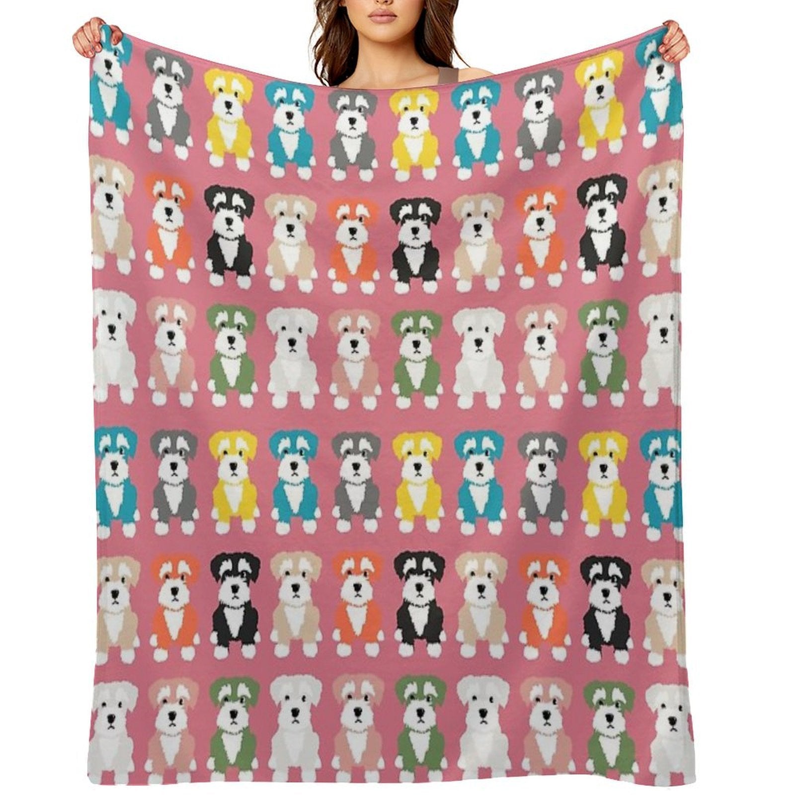 Rainbow of Miniature Schnauzer Dogs on Rose Pink Background Machine-washable Throw Blanket