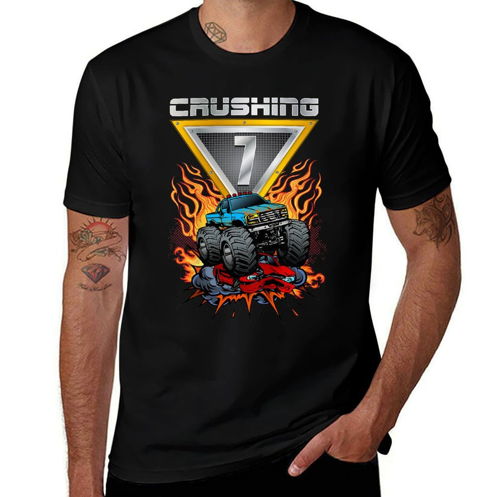 Kids Monster Trucks Crushing 7 Boys 7th Birthday Seventh Year Old  Tagless Design T-Shirt