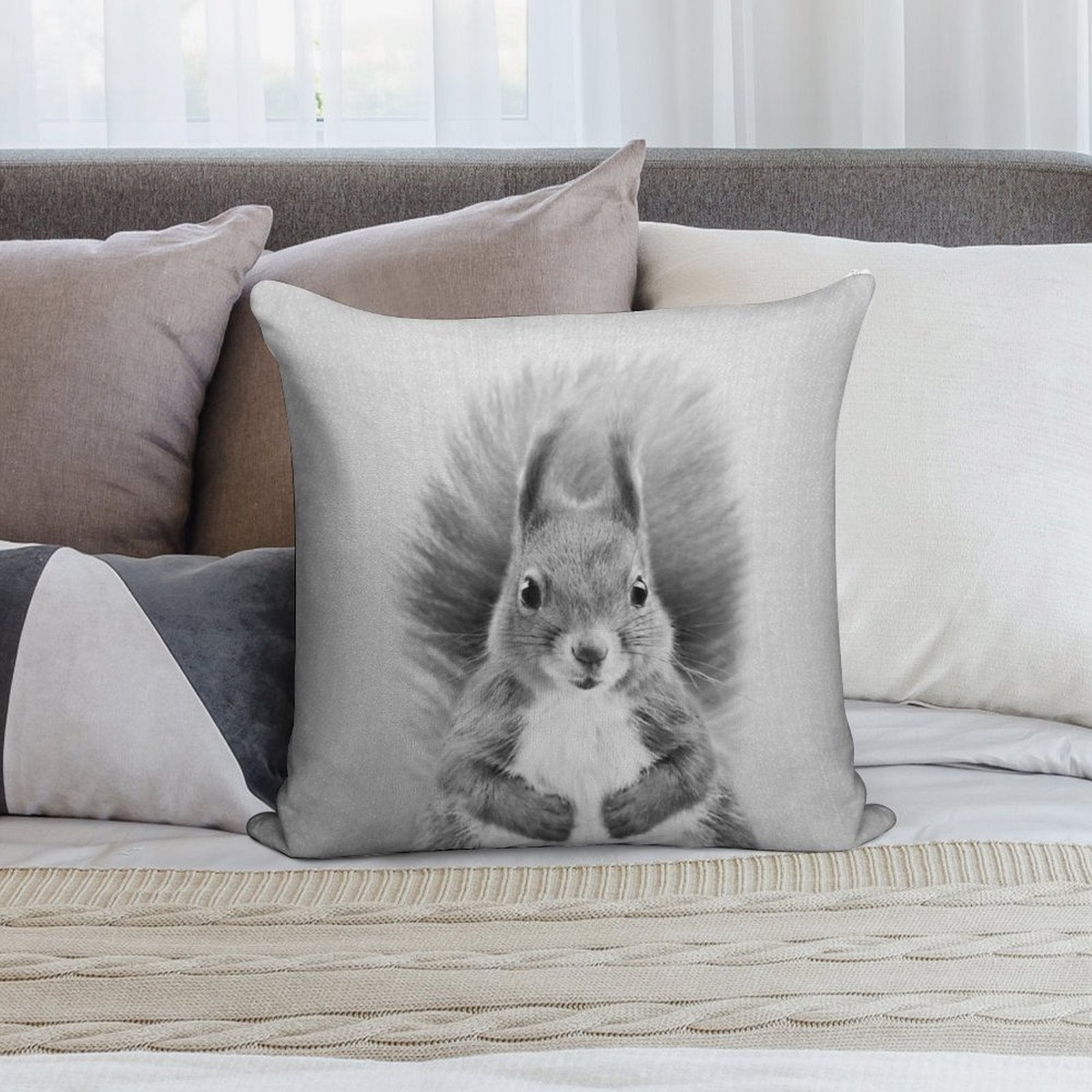 Squirrel 2 - Black & White Soft Warmth Comfort Throw Pillow