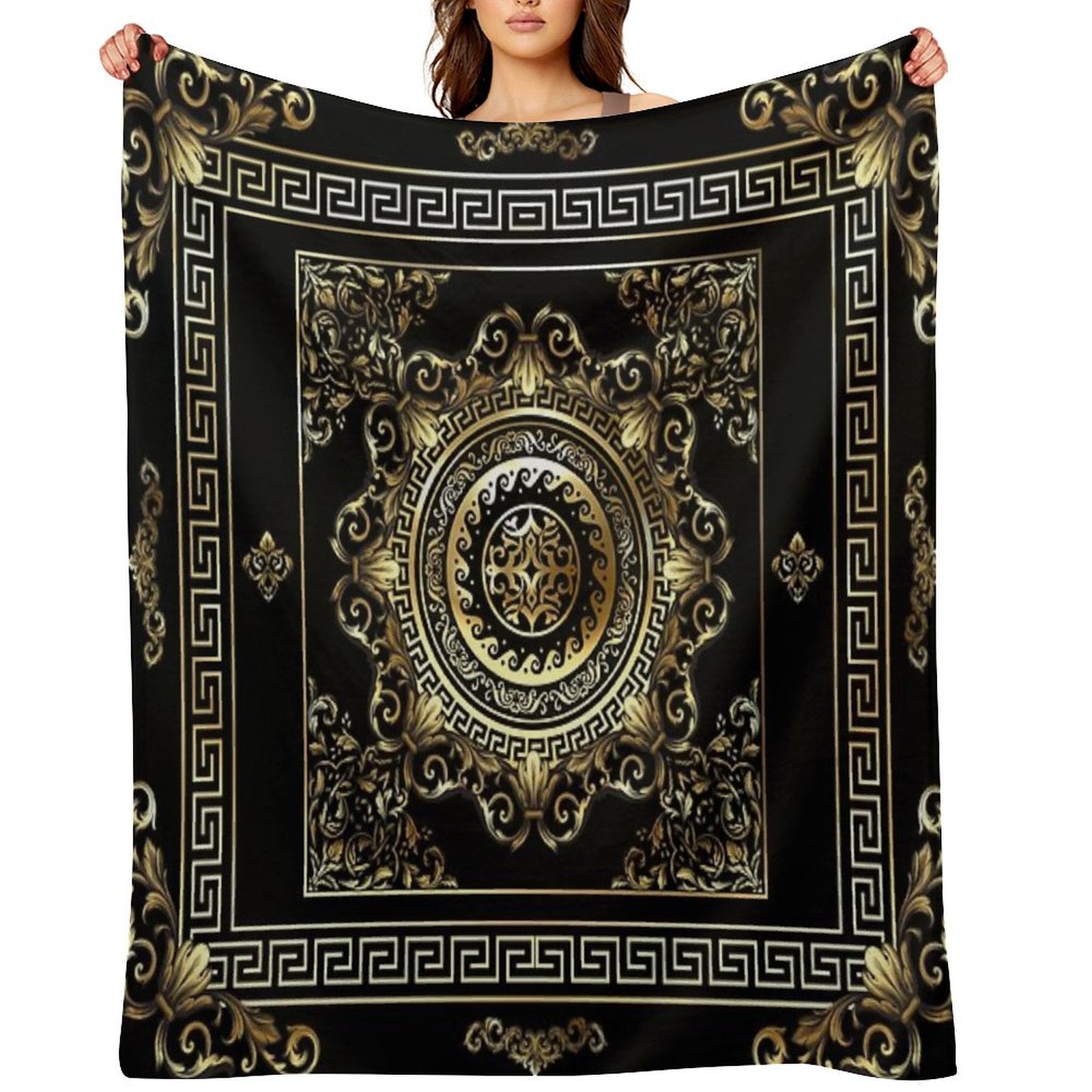 Ornate Baroque Black And Gold Greek Key Border Quick-dry Throw Blanket