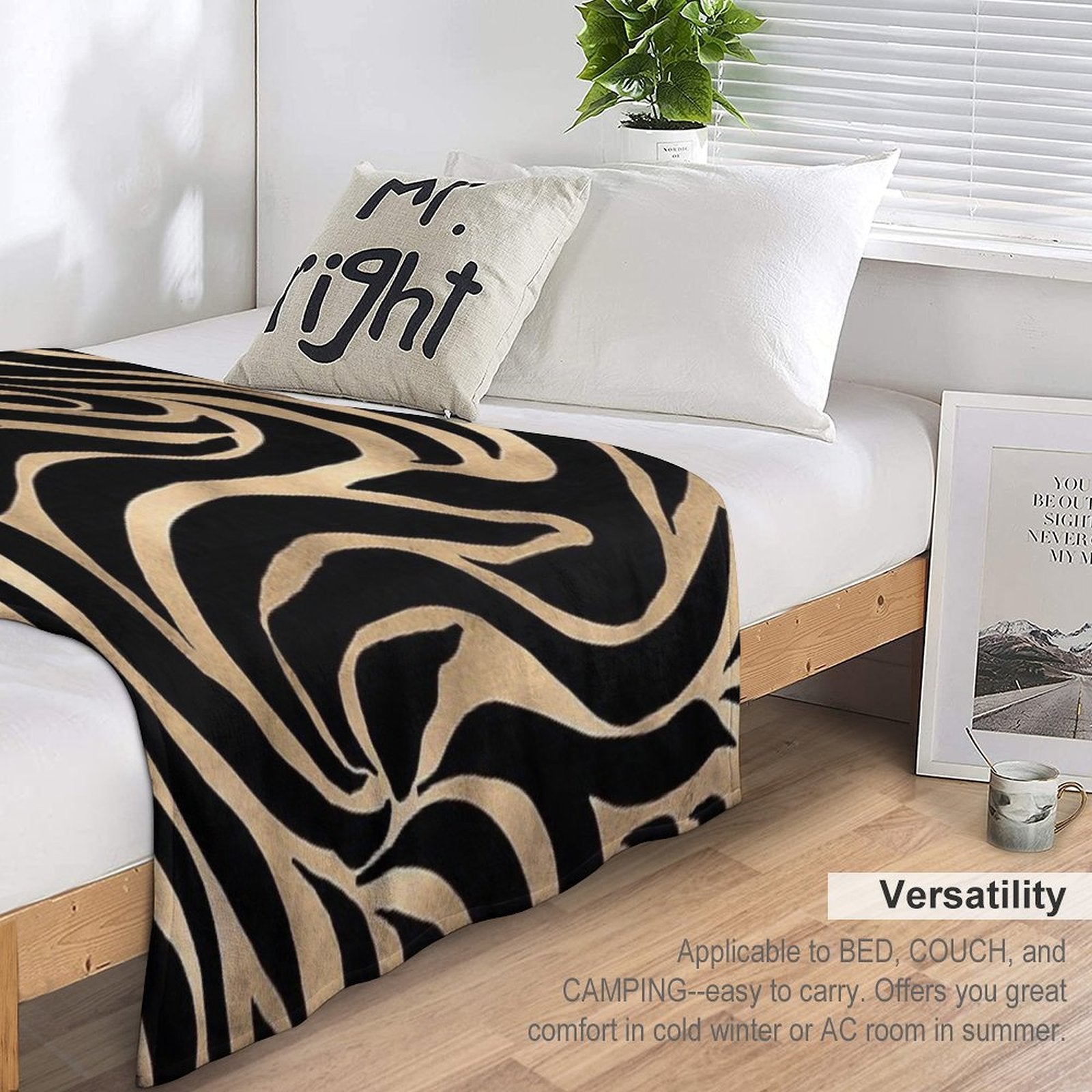 Elegant Metallic Gold Zebra Black Animal Print Comfort Throw Blanket