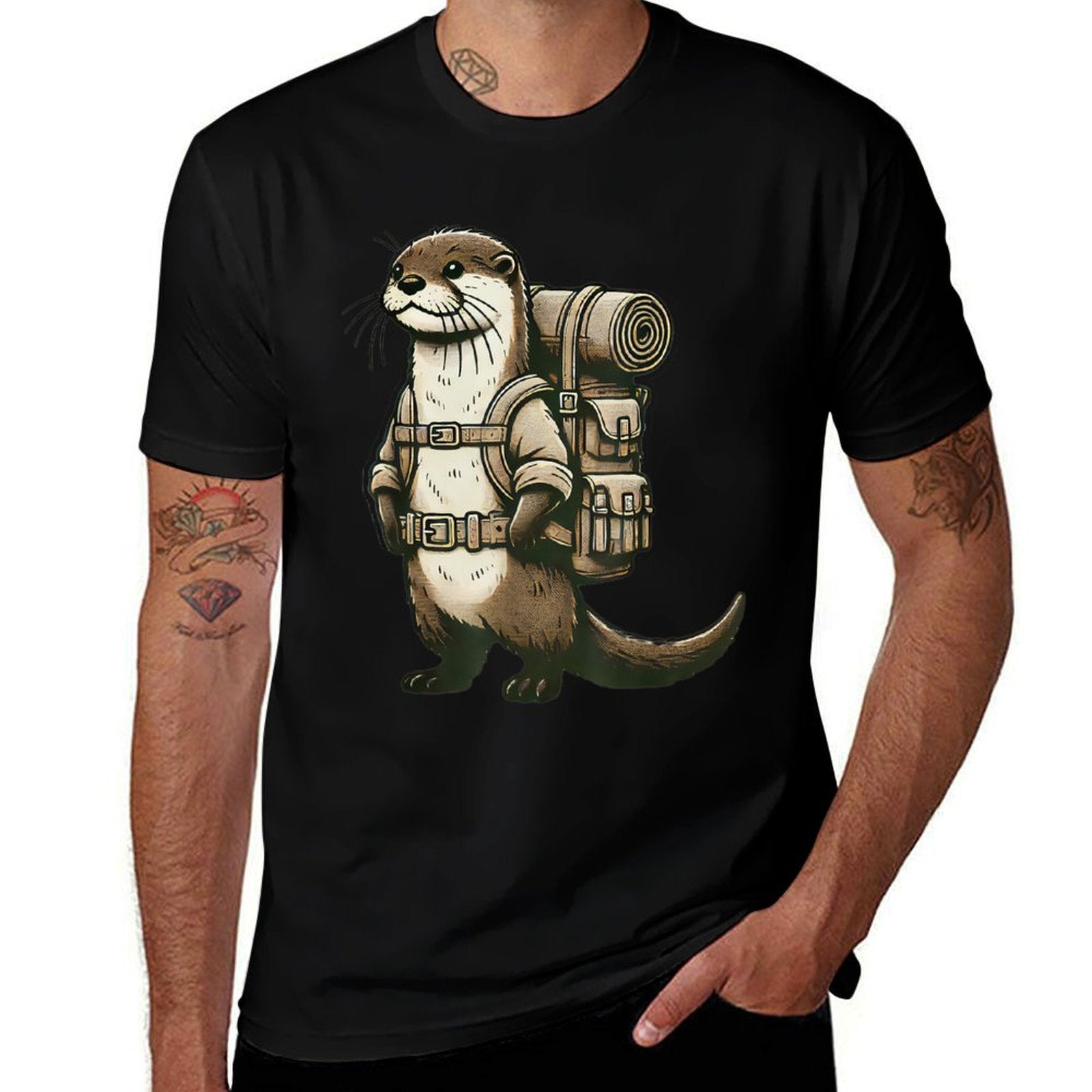 Funny Hiking River Otter Backpacking Cottagecore Animals  Ribbed Collar T-Shirt