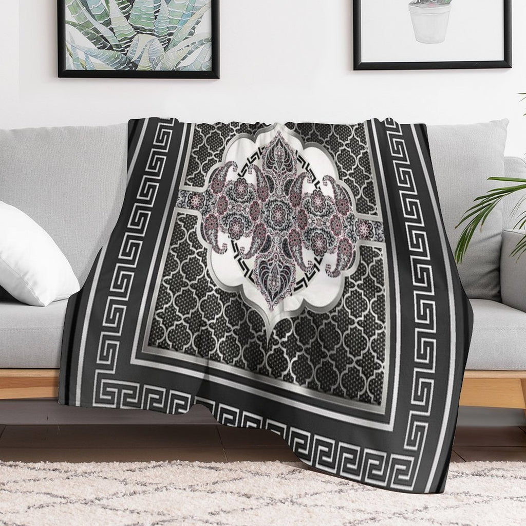 Greek Key Border Black Silver And White Design Plush Throw Blanket